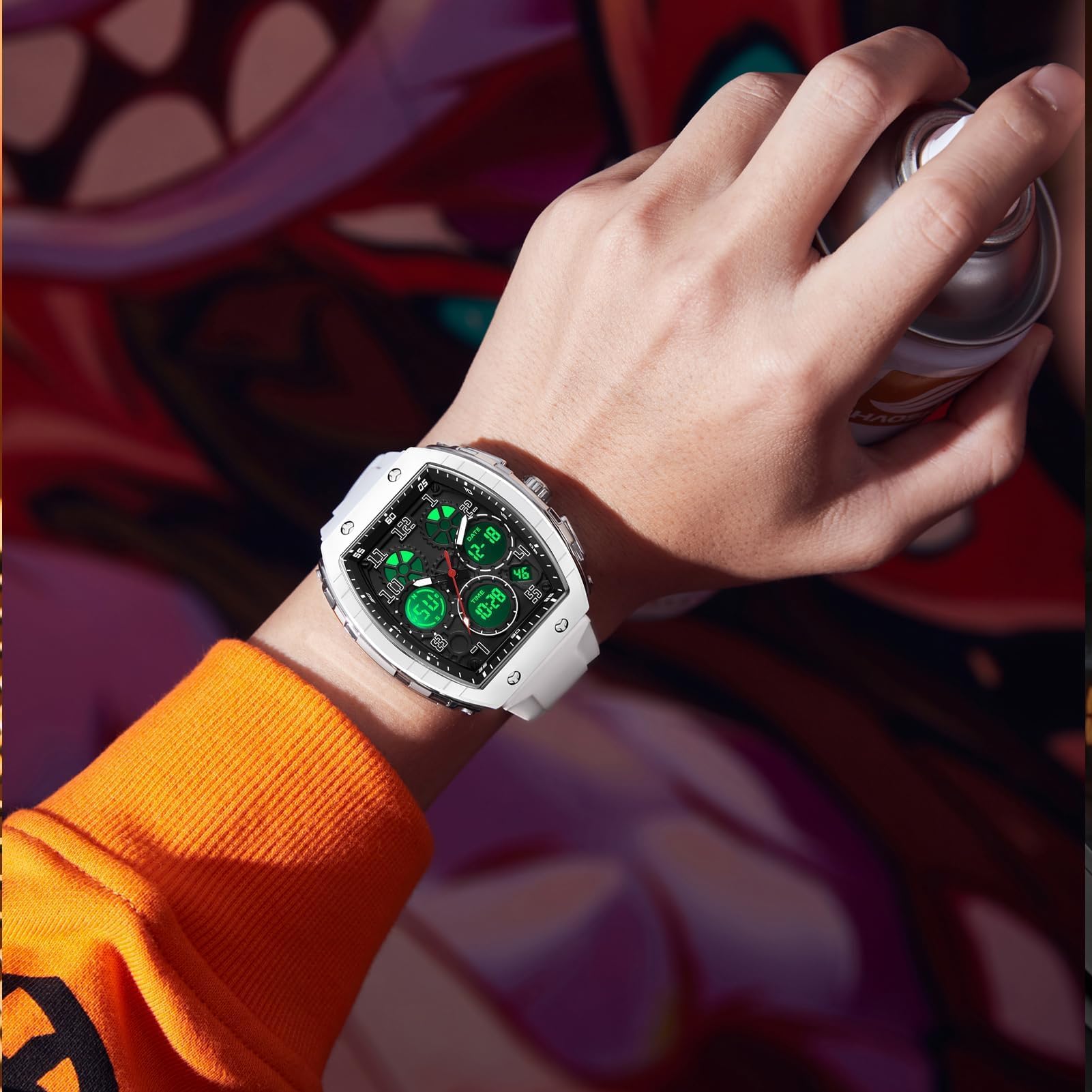 findtime Montre Militaire Homme Sport Design Unique Cadran Rectangulaire, Affichage Numérique Analogique, Double Fuseau, Chronomètre Étanche 5ATM, Style Punk
