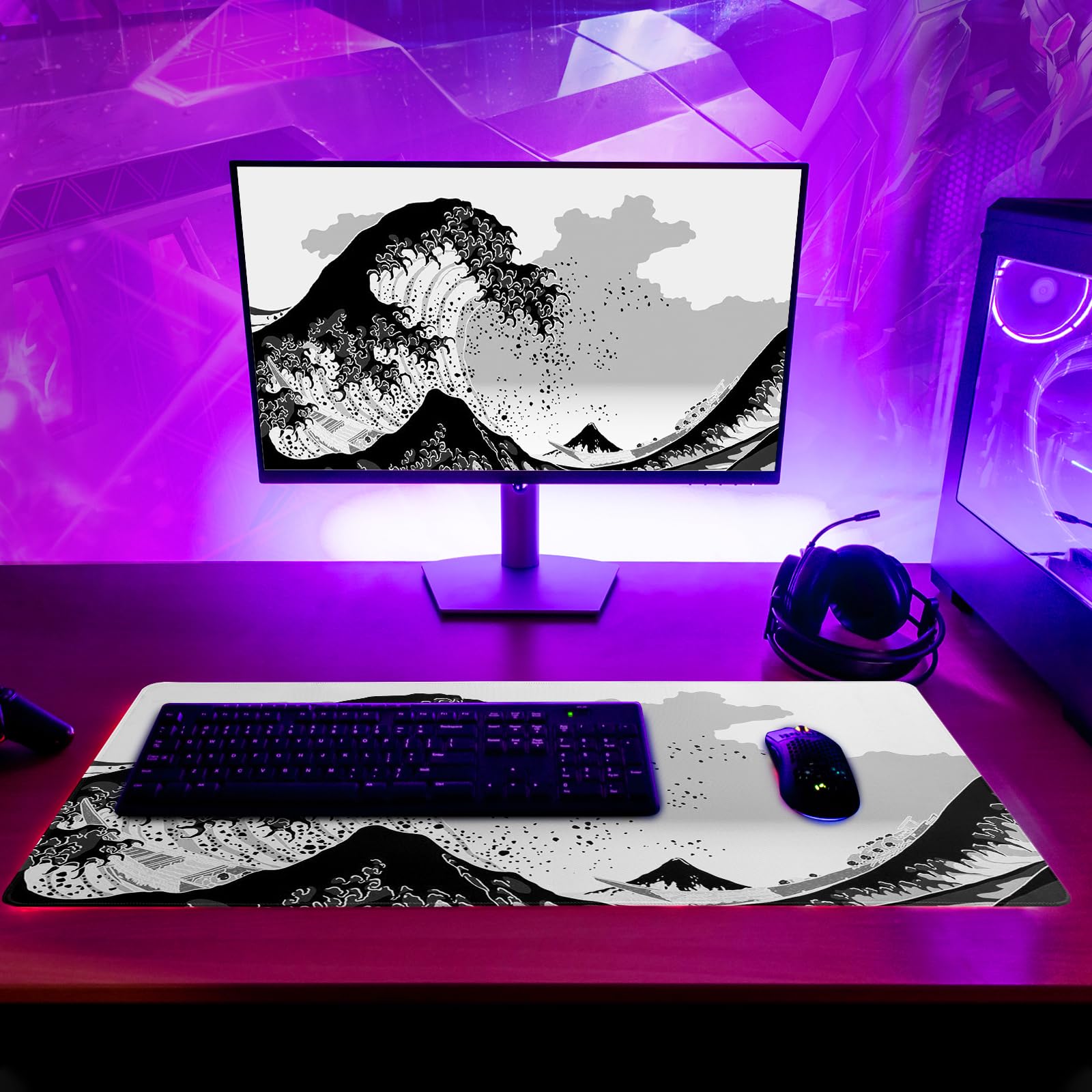 Uiaoiais Sakura Sun - Tappetino per mouse da gioco con onde marine giapponesi, 80 x 30 cm, con bordo cucito, base antiscivolo, grande tappetino da scrivania per ufficio, tastiera e laptop
