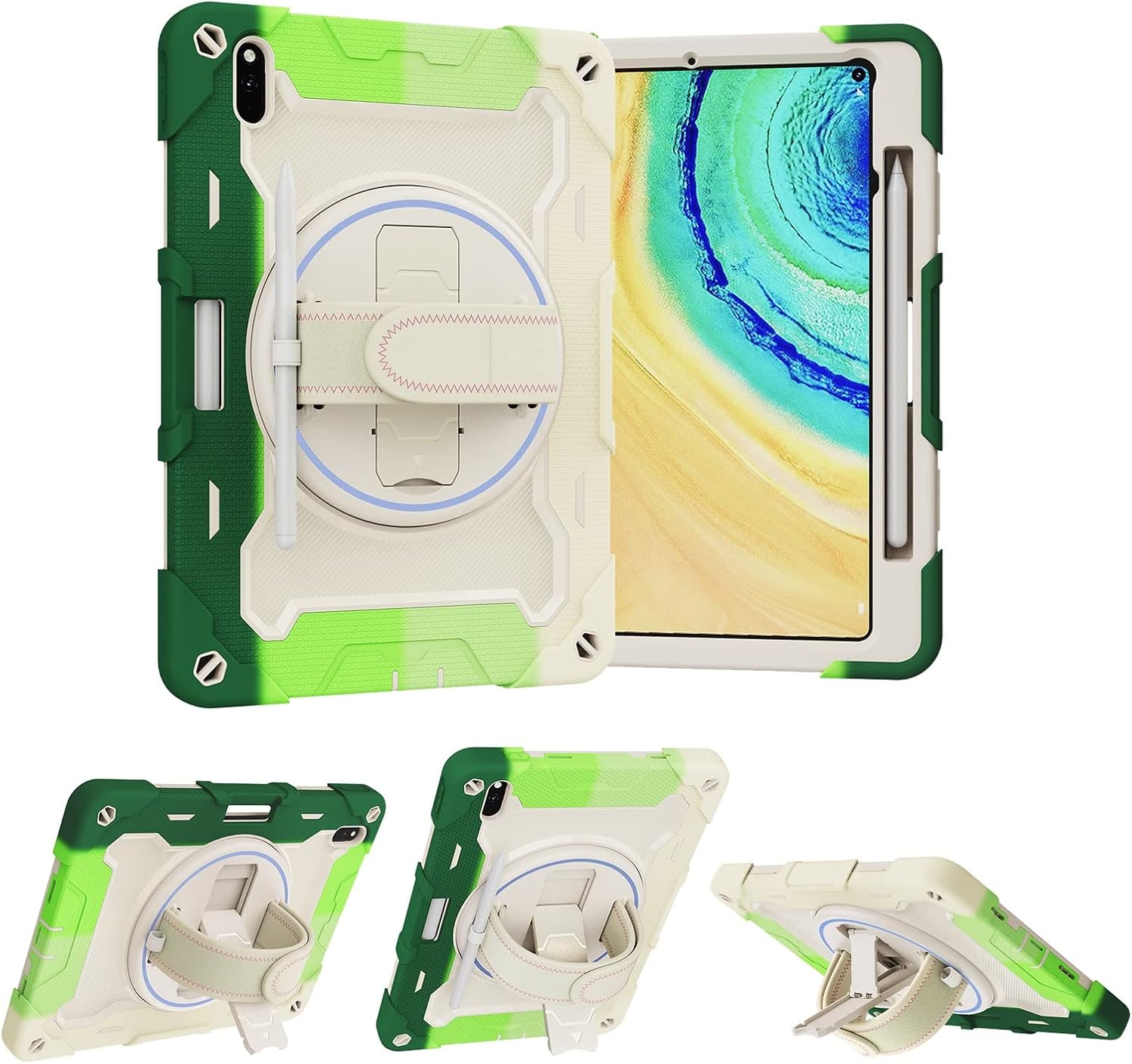 Tablet PC Bags Cases Sleeves Kids Case Compatible with Huawei Matepad Pro 10.8 (2021/2019 Release) ,Multi-Angle Elastic Bracket+360° Adjustable Swivel Hand Strap Three-in-one Shatter-Resistant Shell,