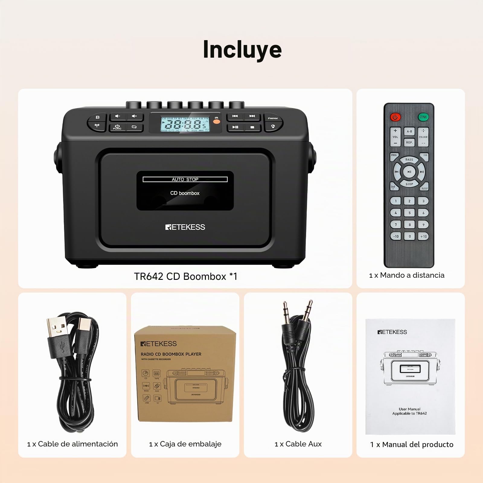 Retekess TR642 Reproductor de CD Portátil, Radio Cassette Portátil, Am/FM, Conectividad Inalámbrica, Batería Recargable de 5000 mAh, USB/AUX/TF, Conector para Auriculares, Apto para Familias