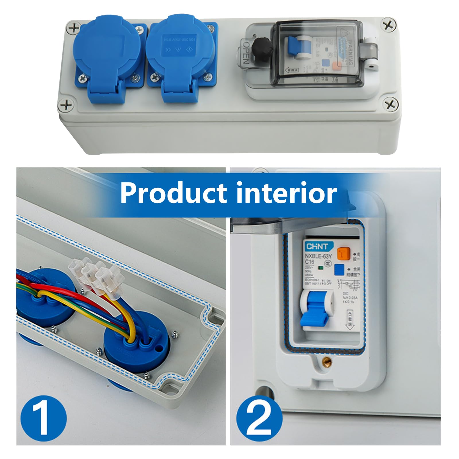 Distribuidor de Pared Interruptor 16A, Enchufe Estanco Exterior 250V 2P Caja Cuadro Electrico con Interruptor fi IP54 Distribuidor de Energía Impermeable Enchufe para Interiores y Exteriores