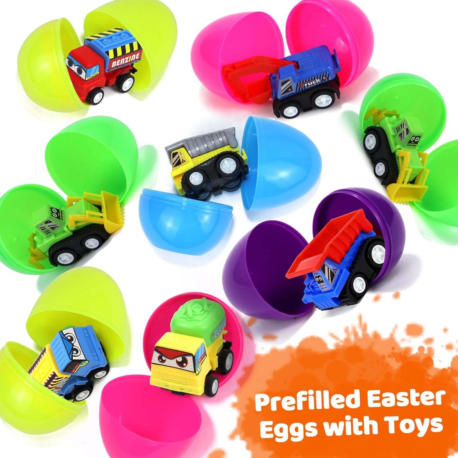 12 Pack Prefilled Easter Eggs with Pull Back Car Toys Easter Eggs Filled for Egg Hunt Easter Party Favors for Kids Boys Girls Easter Basket Stuffers Party Favors Easter Egg Hunt