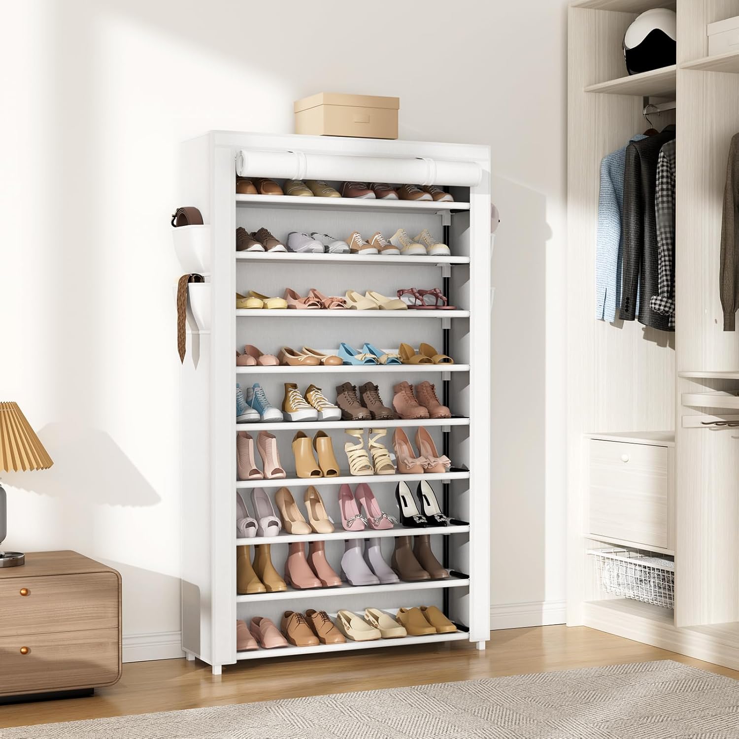 Shoe Rack with Cover Narrow Shoe Organizer with Pockets 10 Tier Tall Shoe Storage Holds 36-41 Pairs Shoes and Boots Shoe Rack for Closet Entryway Garage, White