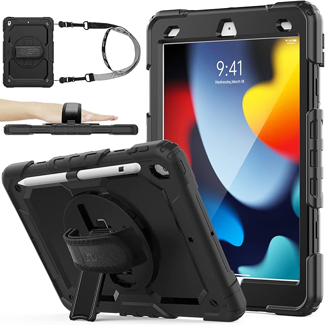 SEYMAC stock iPad 10.2 Case, iPad 9th / 8th / 7th Generation Case with Screen Protector Pencil Holder [360 Rotating Hand Strap] & Stand, Drop-Proof Case for iPad 10.2 Inch 2021/2020/2019 (Black)