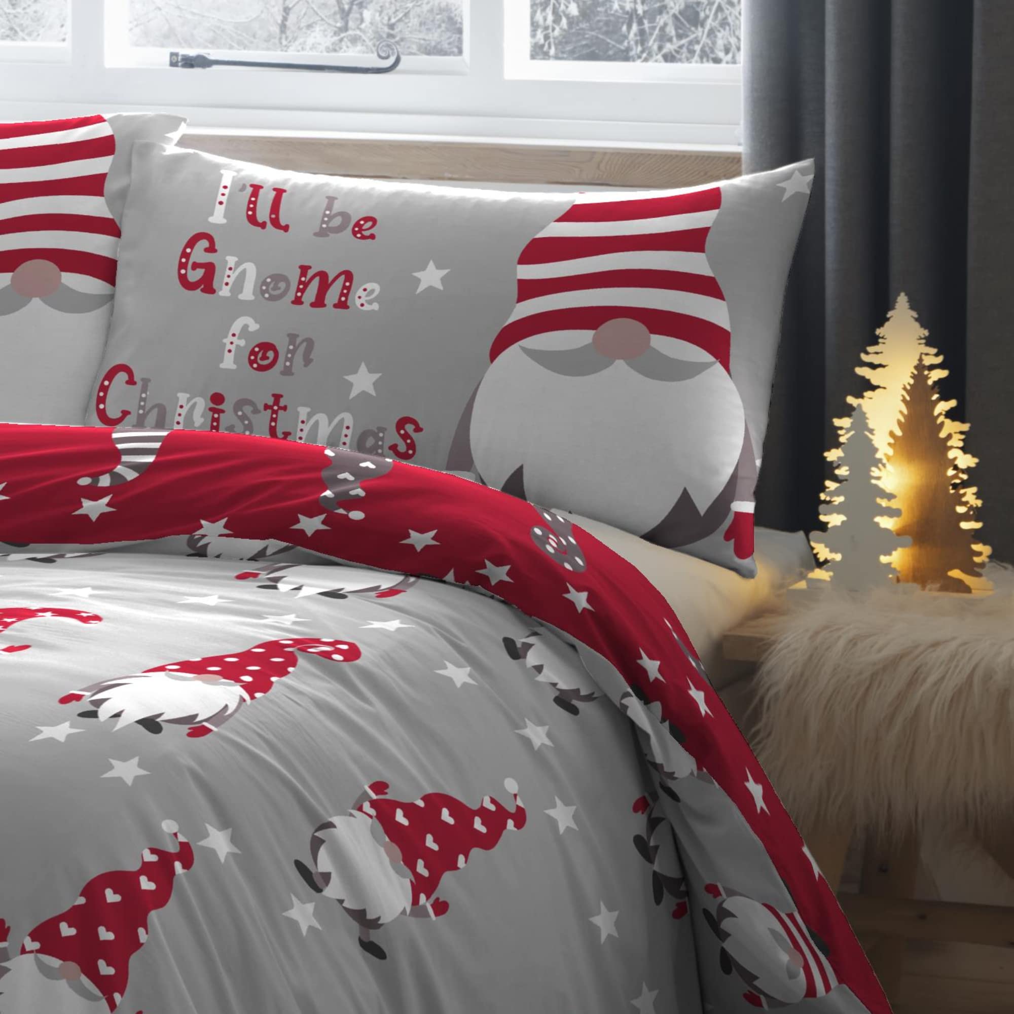Happy Linen Company Omkeerbaar kerst-dekbedovertrek, 100% geborsteld katoen, rood, eenpersoons, patchwork, beddengoedset