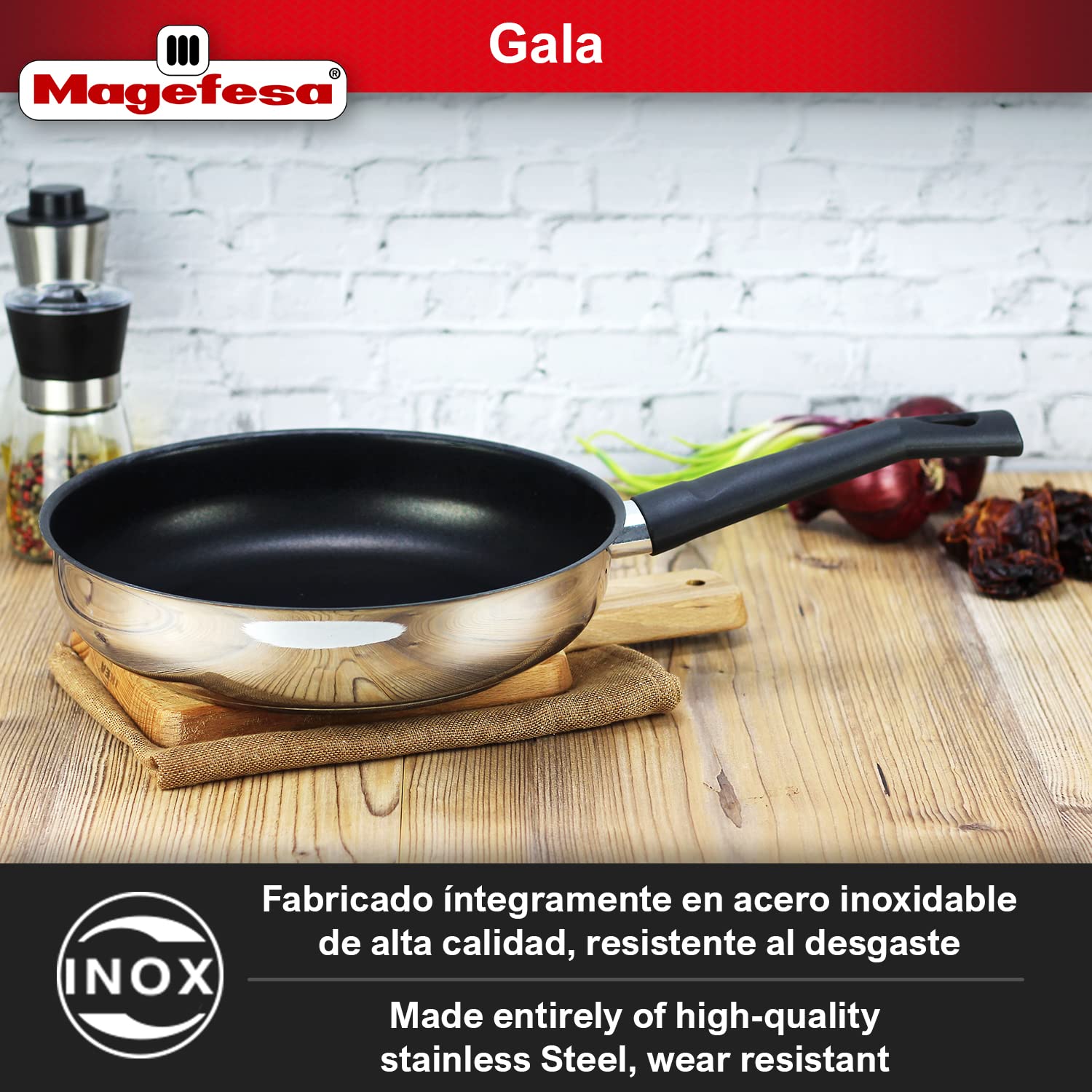 MAGEFESA Deep Gala - Sarten de 28cm, Acero Inoxidable, Libre de PFOA y Metales Pesados, Antiadherente Efecto Piedra, Todas las Cocinas, Inducción