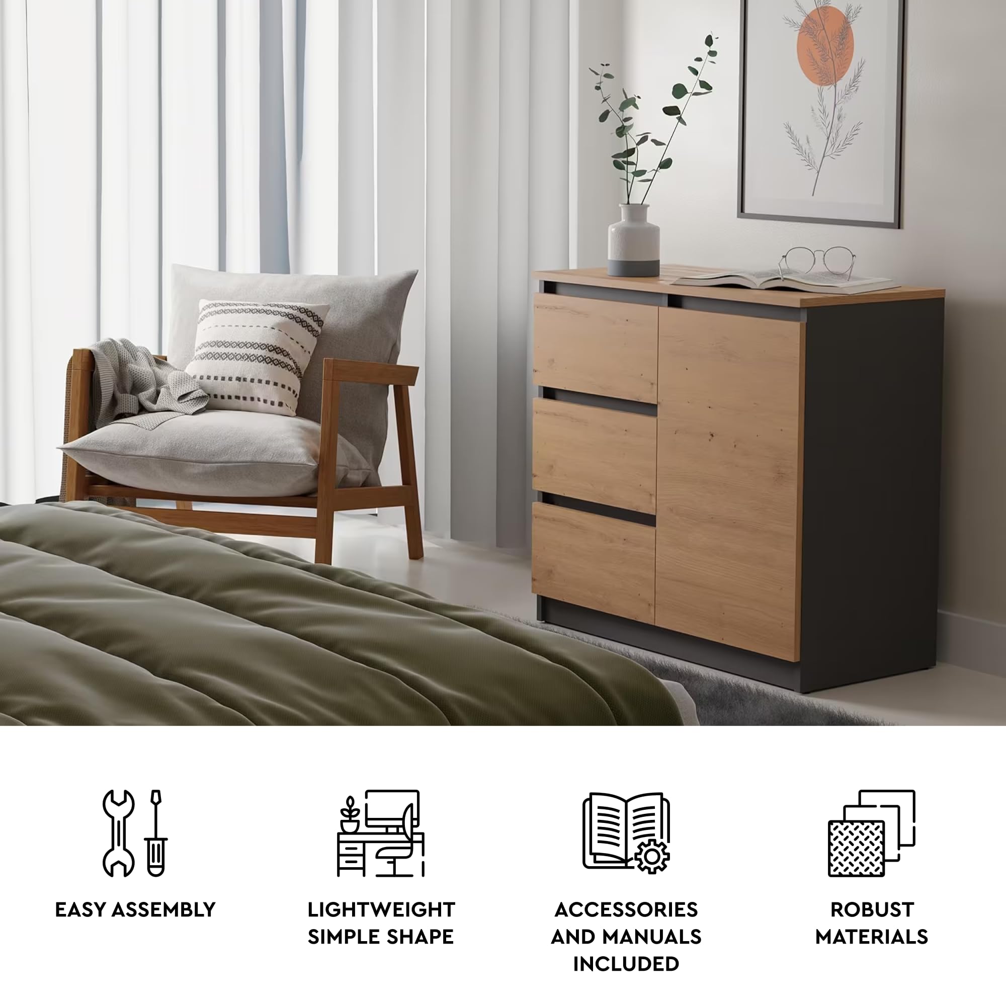 CDF Comò Moderno Malwa W5 – Antracite E Rovere Artisan, 5 Cassetti, Ideale Per Soggiorno, Camera Da Letto E Ufficio, Prodotto Polacco