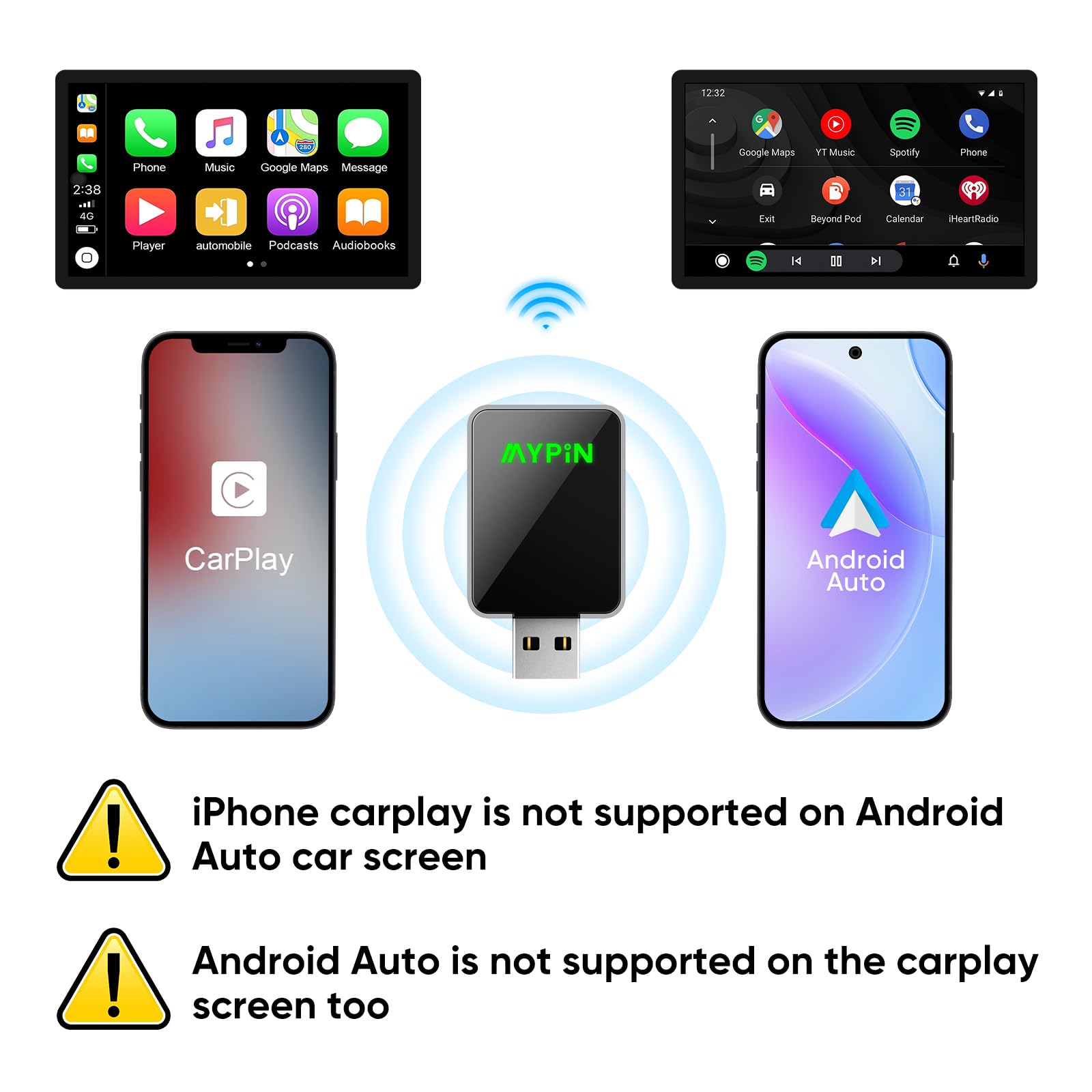 MYPIN Bezprzewodowy adapter 2 w 1 do CarPlay/Android Auto, stabilne połączenie i brak opóźnień, adapter CarPlay z przedłużaczem USB A/C, kompatybilny z iPhone/Android, czarny