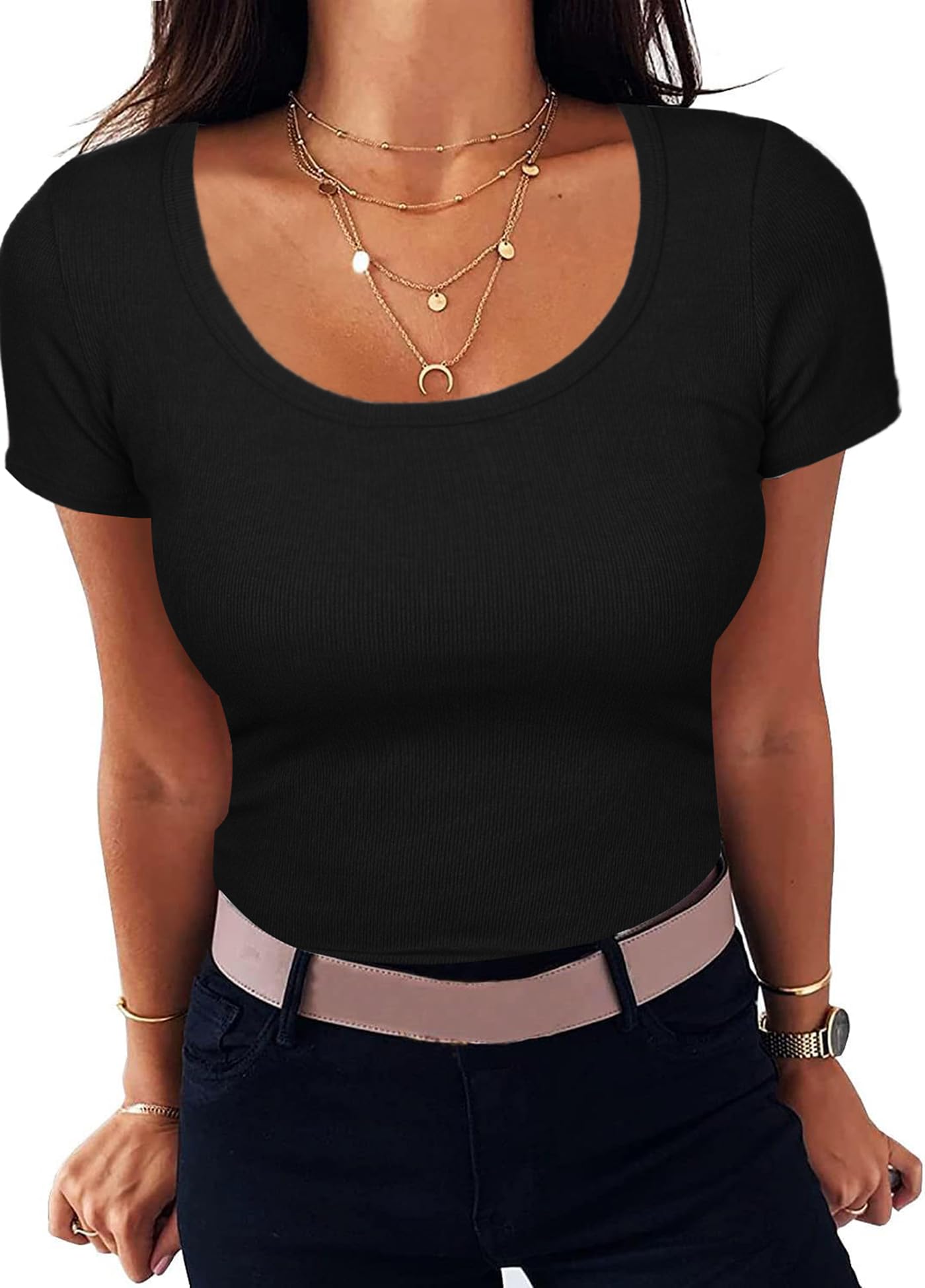 Aottori Camiseta Manga Corta Mujer Verano Cuello Redondo Camisas Blusas Casual Elegante Punto Camisetas T-Shirt Básico Tops