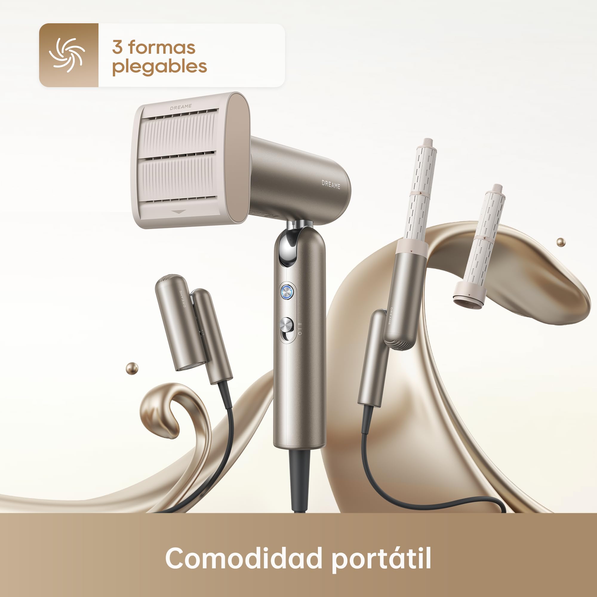 DREAME Pocket Neo Secador de Pelo de Alta Velocidad, 3 Formas Plegables, 300 g, Motor de 110 000 RPM, 300 Millones de Iones Negativos/cm³, Temperatura Constante de 57 °C, Secado en 40 Segundos, Dorado