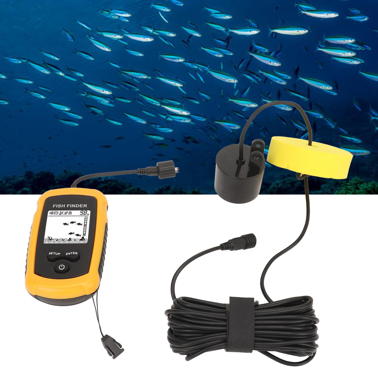 Ecoscandaglio Portatile per Pesci, Ecoscandaglio Portatile LCD con Sonar da 200 KHz, Intervallo di profondità da 3 Piedi a 328 Piedi, Display Retroilluminato, Trasduttore Cablato per la