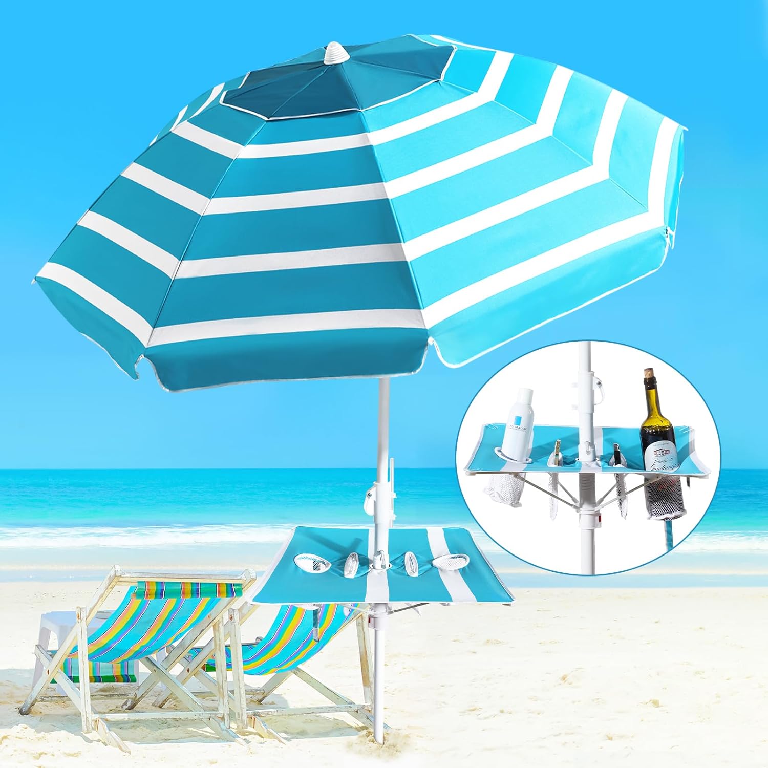 Beach Umbrella - Beach Umbrella for Sand Wind Portable with Tilt Pole, 6.56 FT Arc Length 5.9 FT Diameter, Heavy Duty Wind Resistant Striped Large Umbrellas, UV 50+ Parasol with Anchor Screw Adjustable Height