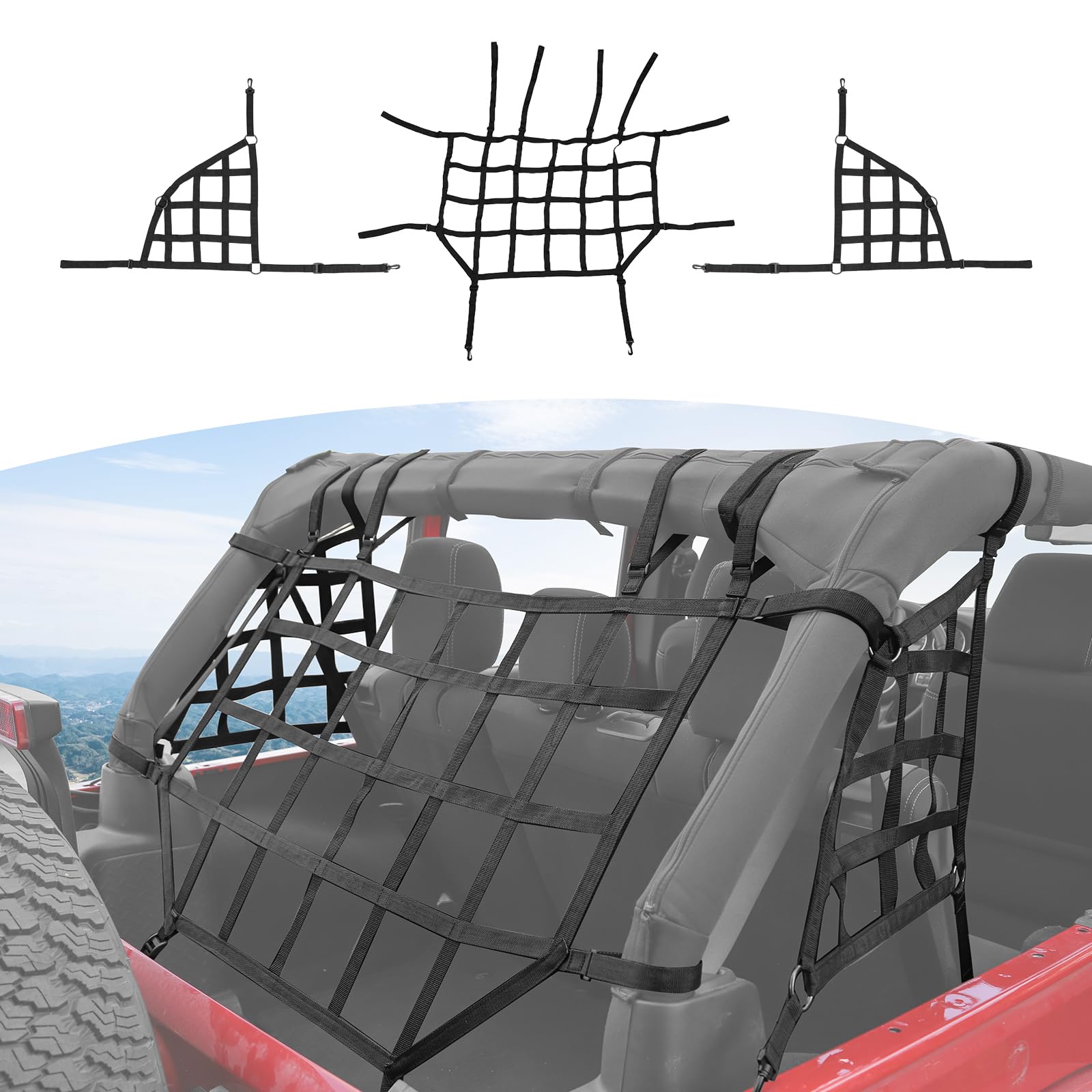 RT-TCZ for Jeep JKU Black Cargo Net Rear Restraint Net Trail System for Jeep Wrangler JKU 2007-2017 4 Door Black Accessories 3pcs