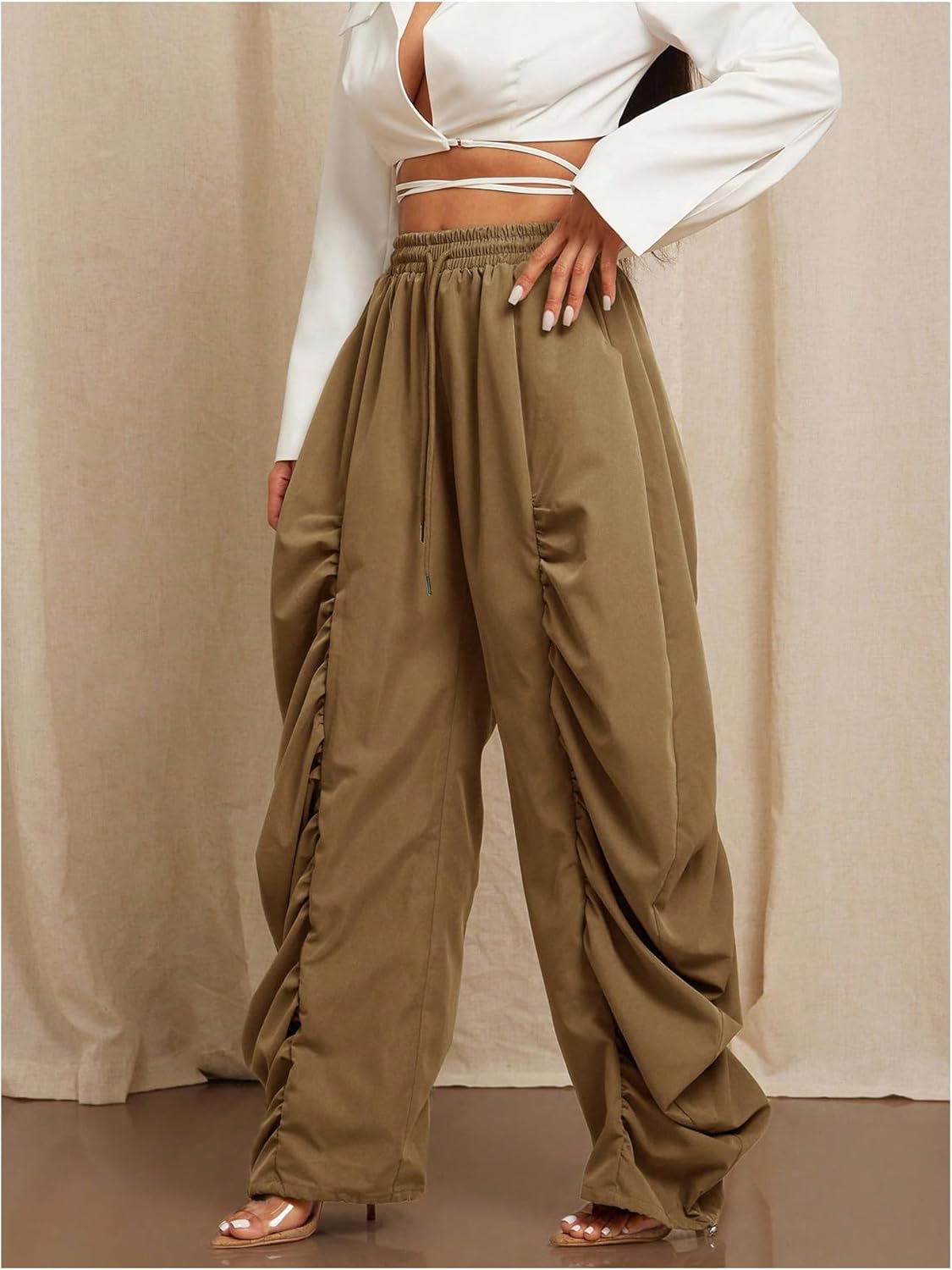 WDIRARA Women's Ruched Baggy Parachute Pants Drawstring Elastic Waist Pants Joggers - Image 3