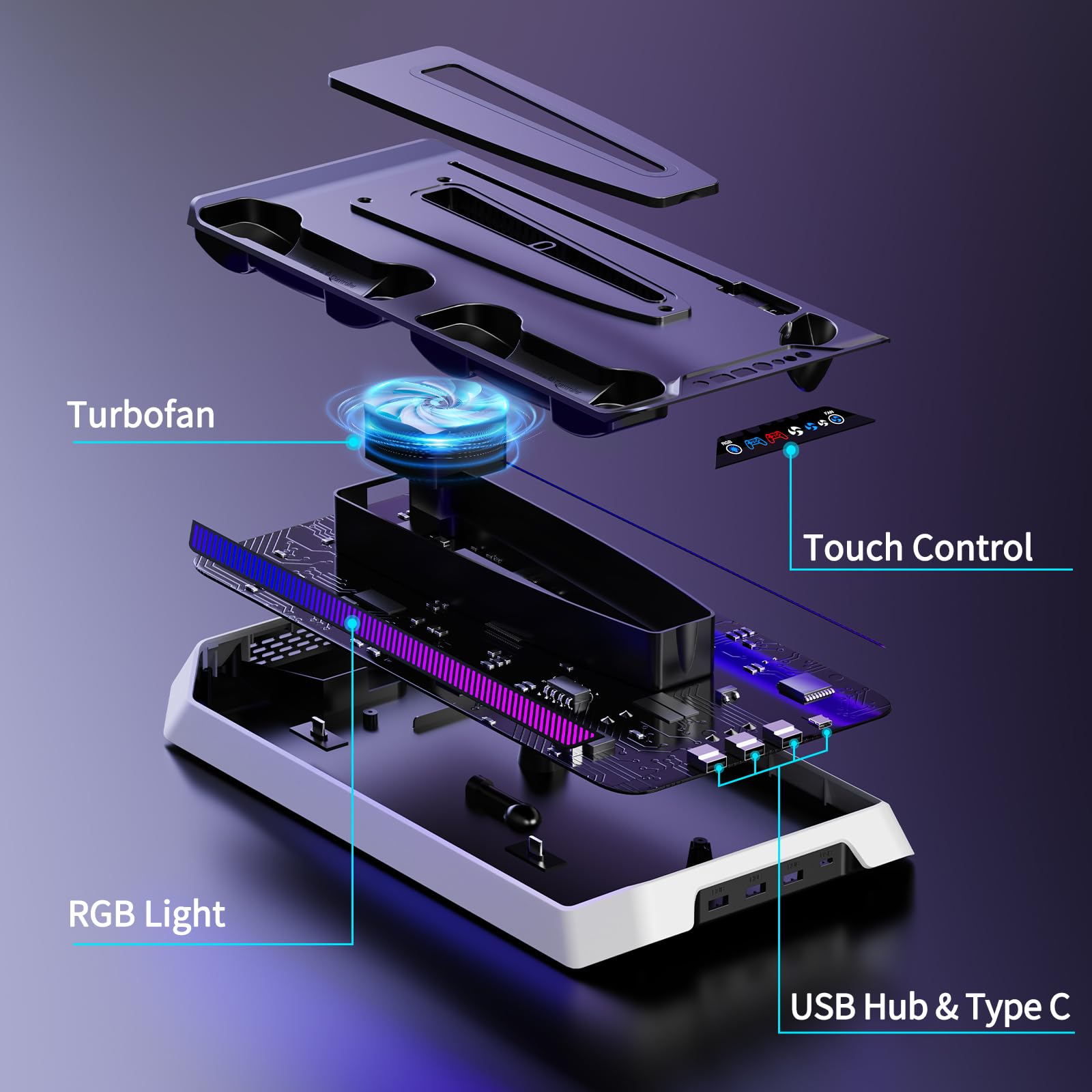 Stazione di raffreddamento per PS5/Slim/Pro, stazione di ricarica RGB compatibile con PlayStation 5 Ventola di raffreddamento integrata a 3 livelli e caricabatterie doppio controller PS5, supporto con