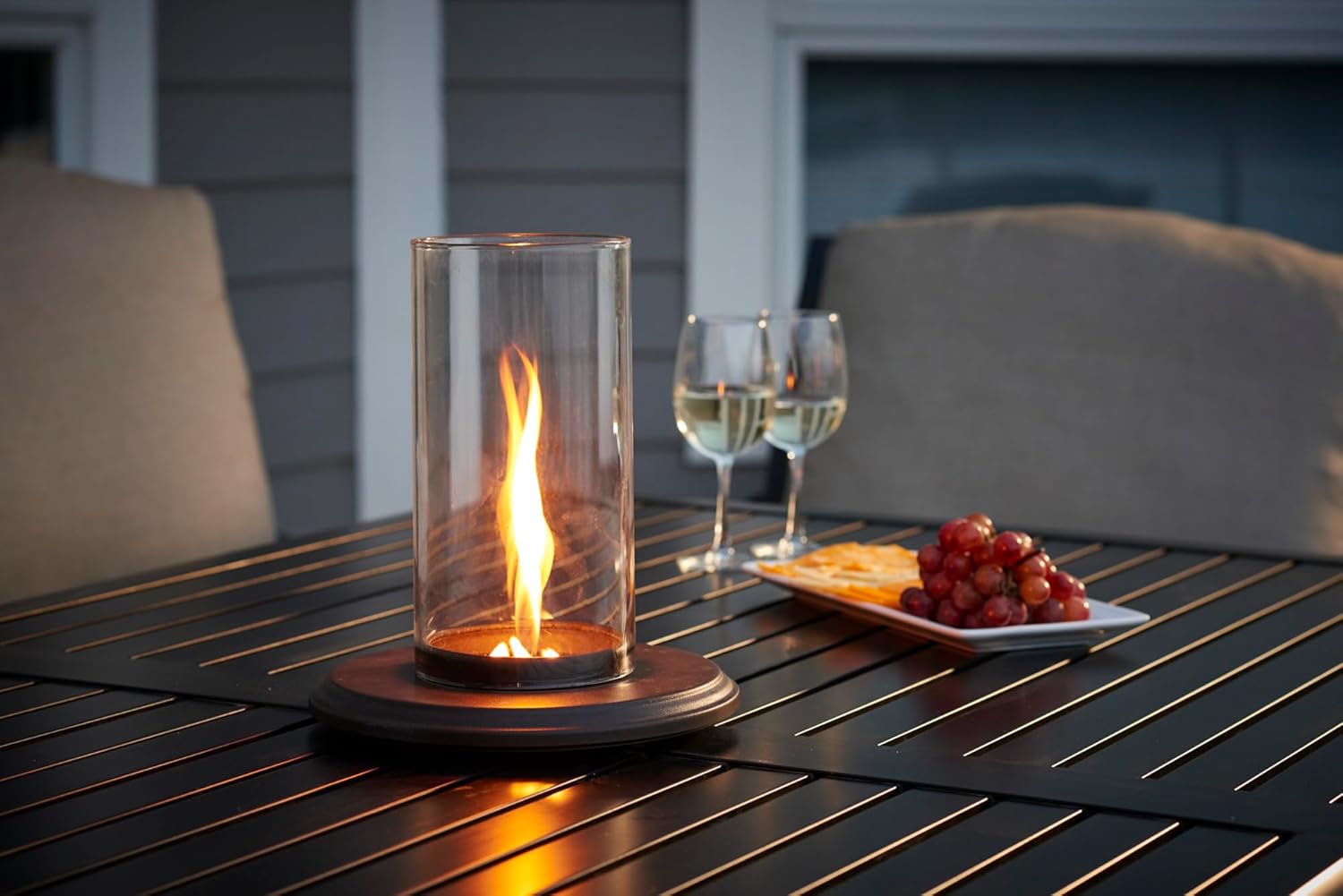 Outdoor GreatRoom Co Tabletop Fire Pit - Glass Lantern for Outside Patio Table with Umbrella Hole - Table Top Firepit Works with 1-Pound Propane Gas Tank for Up to 6 Hours (2,400 BTU)