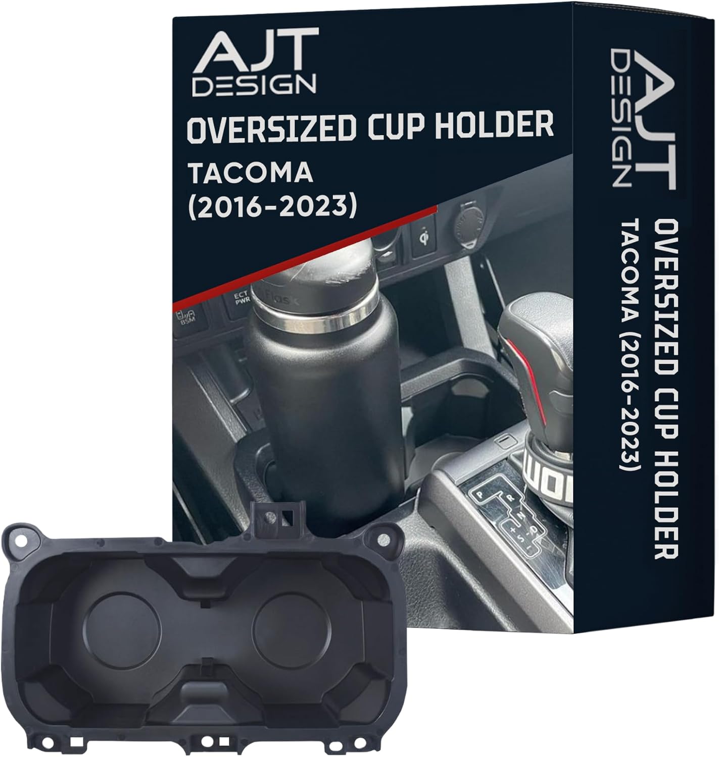 AJT DESIGN Oversized Cup Holder for Toyota Tacoma (2016-2023) | ABS Plastic Oversized Cup Holder Replacement for Tacoma - Black | Vessel Diameter of 3.65"| Made in USA