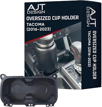 AJT DESIGN Oversized Cup Holder for Toyota Tacoma 2016-2023 | ABS Plastic Oversized Cup Holder Replacement for Tacoma - Black | Vessel Diameter of 3.65"| Made in USA