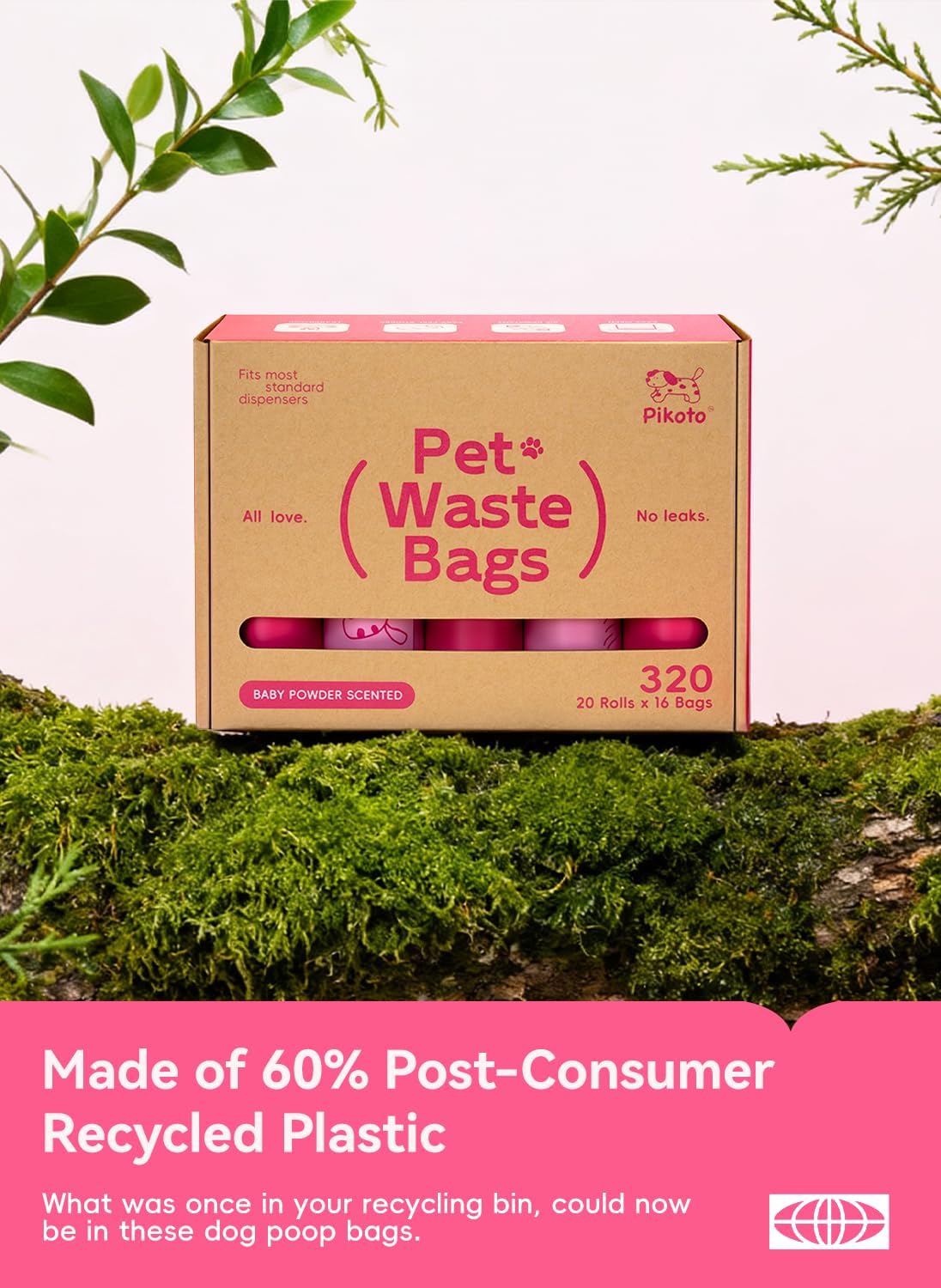 Dog Poop Bags, 320 Count, Baby Powder Scented, Pink | Baby Powder Scented, Extra Thick, 60% Recycled Plastic, Easy-Peel Sticker, 16 Bags Per Roll, Dual Pink Designs