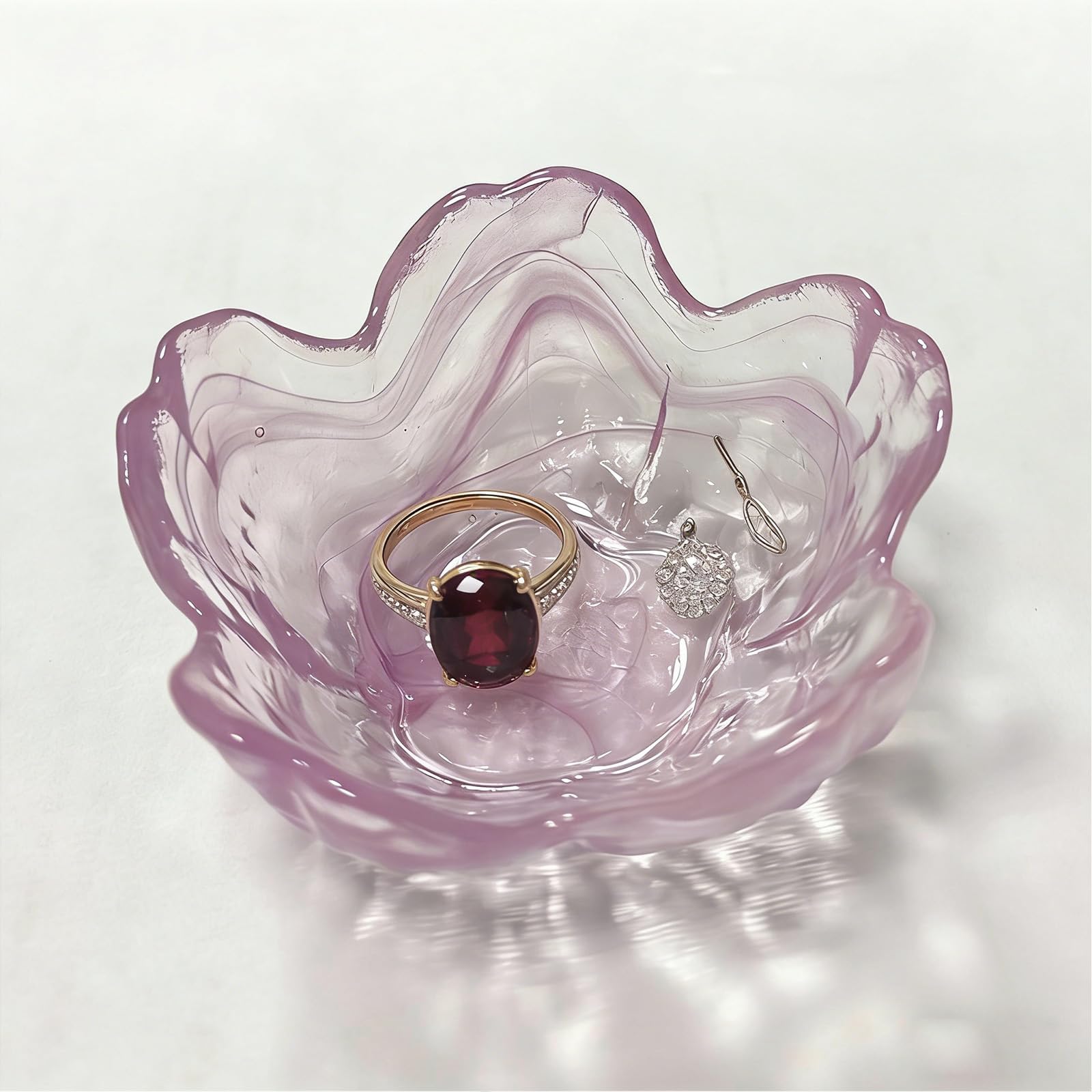 BESSKON Glass Ring Dish, Cute Pink Flower Jewelry Tray, Small Ring Holder Jewelry Trinket Dish, Decorative Vanity Bathroom Nightstand Jewlery Plate Bowl, Friendship Birthday Gifts for Women