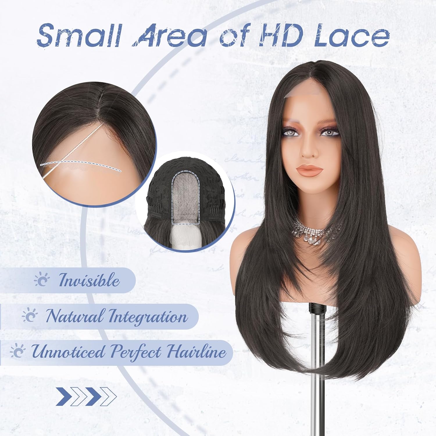 Haloo Brown Wig with Curtain Bangs - Lace Front Hairline Middle Part Long Layered Natural Looking Straight Synthetic Hair Wigs for Women Daily Party, 24 Inch Dark Brown