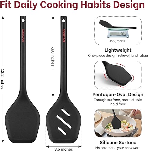 Miniatura 7 de Juego de espátulas de silicona (sin BPA), ligeras y flexibles, antiadherentes sólidas y ranuradas, alta resistencia al calor, volteadores de