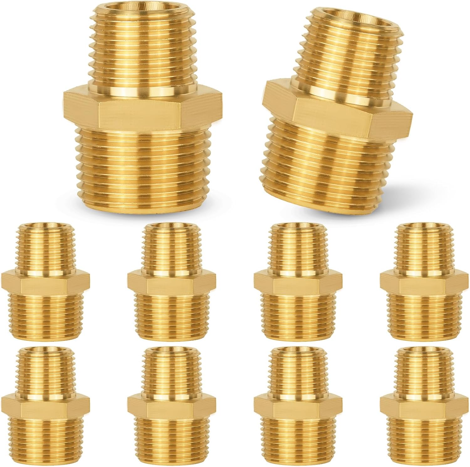 5-PACK GUOFIS Brass Pipe Fittings,Hex Nipple Adapter,3/4" NPT Male x 1/2" Male NPT Brass Fitting Straight Adapter