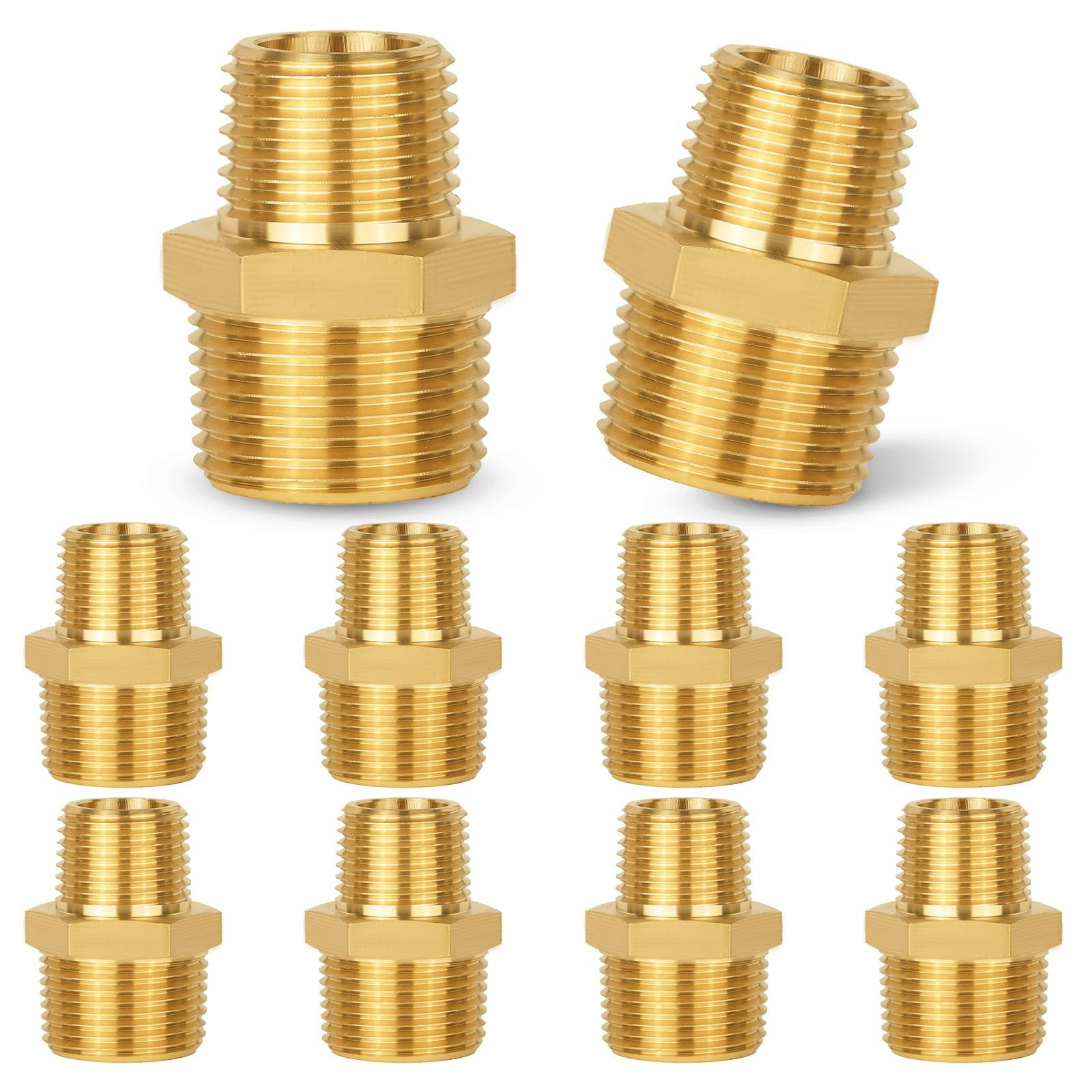 Confezione da 10 raccordi per tubi in ottone, adattatore per nipplo esagonale, 3/4" NPT maschio x 1/2" maschio NPT adattatore dritto