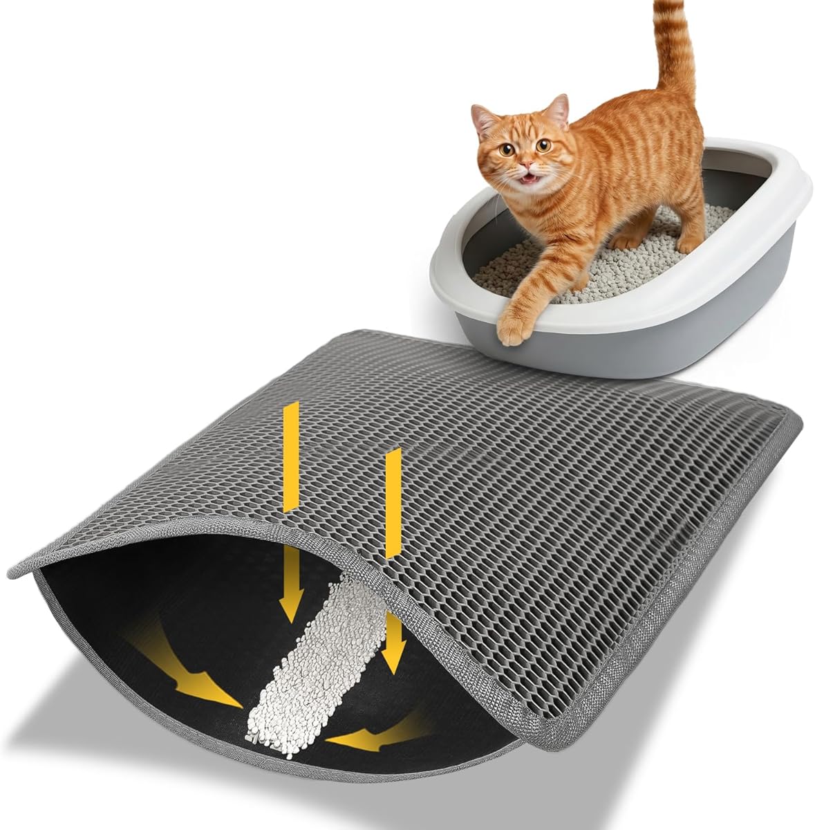 Conlun Cat Litter Trapping Mat for Small Spaces, 23.6"x14.6" Space-Saving Litter Box Floor Mat, Hexagon Grids & Anti-Leak Base, Machine Washable, Non-Slip Kitty Matt for Apartment, Gray