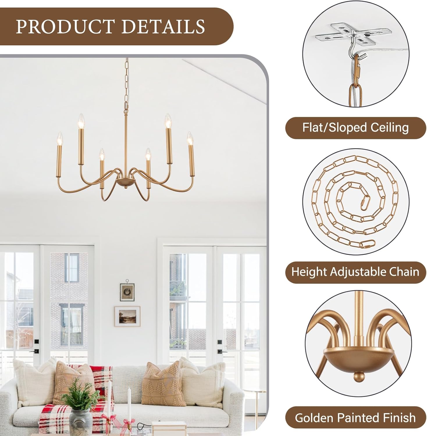 6 Light Plug in Chandelier, Pendant Light Hanging Light Fixture with Plug in Cord 15.1ft & Switch, Plug in Gold Chandeliers for Dining Room Living Room Bedroom Kitchen Island