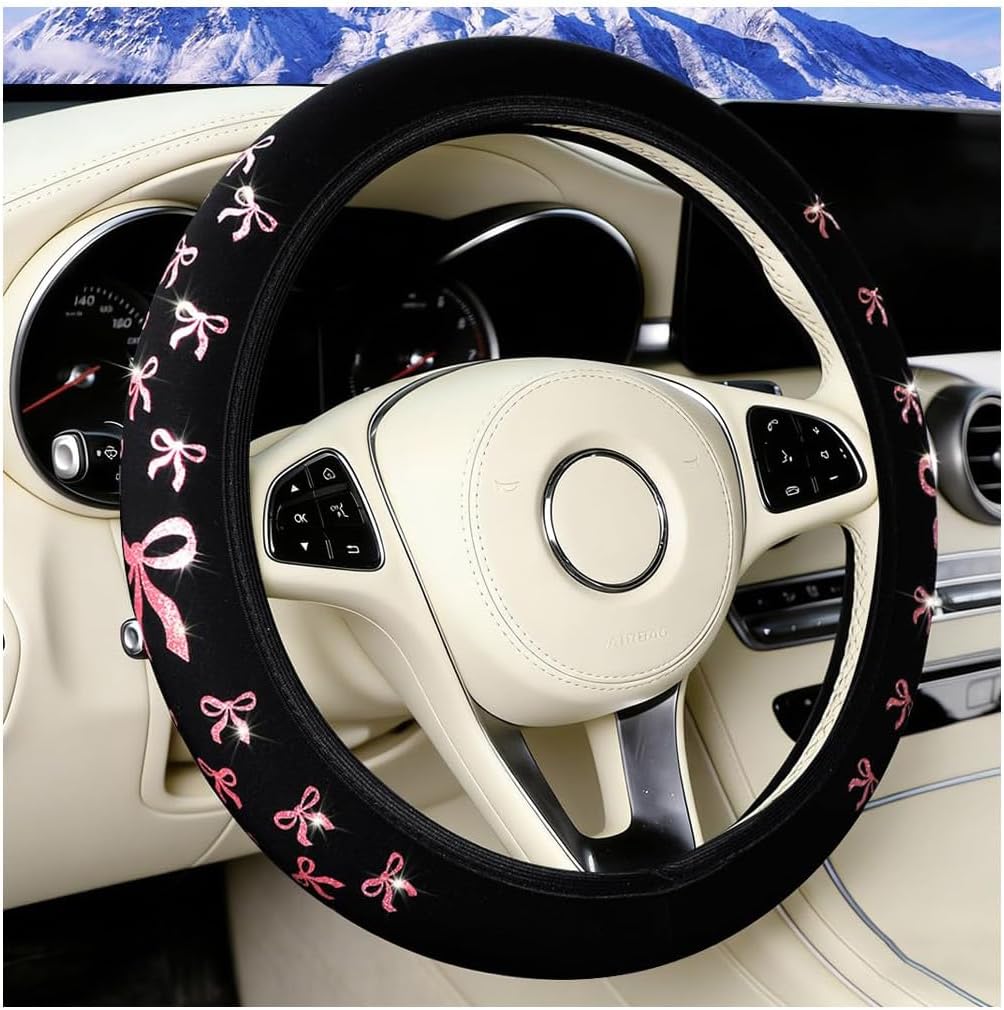 Car Elastic Stretch Steering Wheel Cover, 14.5-15" Cute Bow Breathable Non-Slip Steering Wheel Protector, Auto Interior Decor Accessories for Comfortable Driving, Universal Fit (Black/Pink)