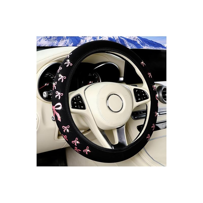 Capa de volante automotivo elástica TNAIYH com laço, poliéster, preta e rosa, para volantes de 36,8 a 38,1 cm