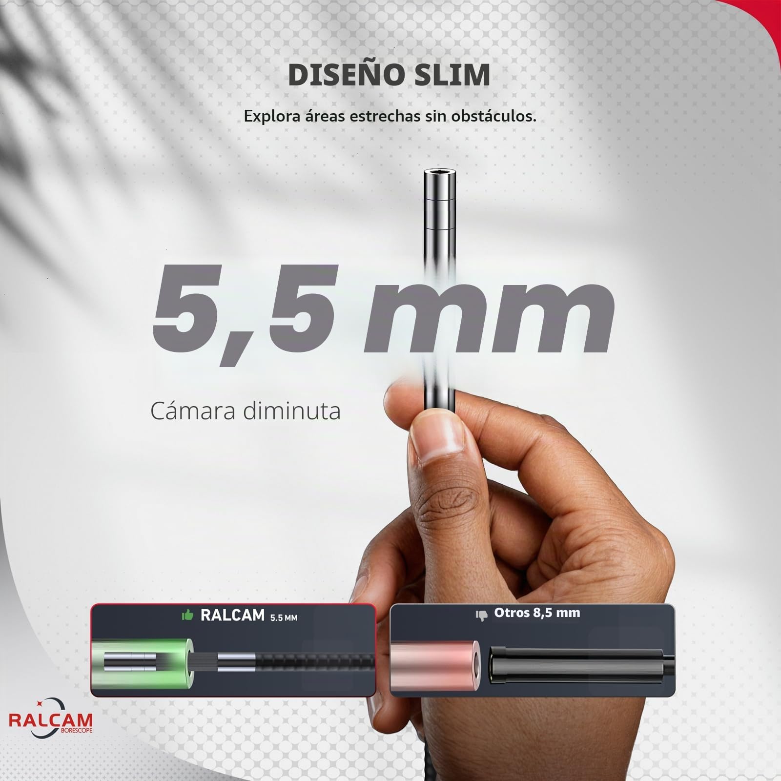 Ralcam Endoscopio Industrial Cámara Endoscopica - Endoscopio para Móvil 8.5mm 1080P HD Cámara Inspección con 8 Luces LED Ajustables Boroscopio 2m Cable Semirrígido para Teléfono Android iOS (Cable 2m)