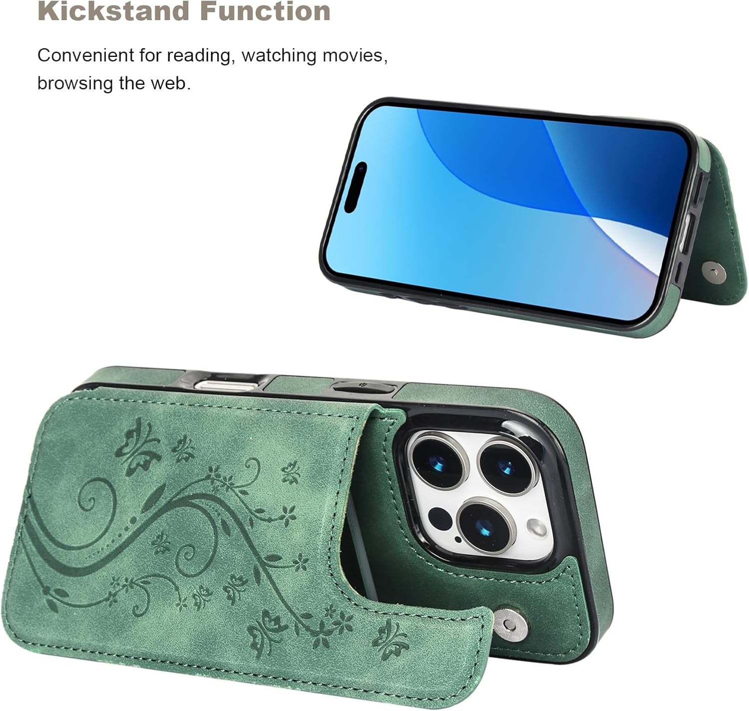 Vaburs Compatible with iPhone 16 Pro Case Wallet with Card Holder,Embossed Butterfly Pattern PU Leather Double Buttons Flip Protective Shockproof Cover for Magnetic Car Mount 6.3 Inch (Dark Green) - Image 5