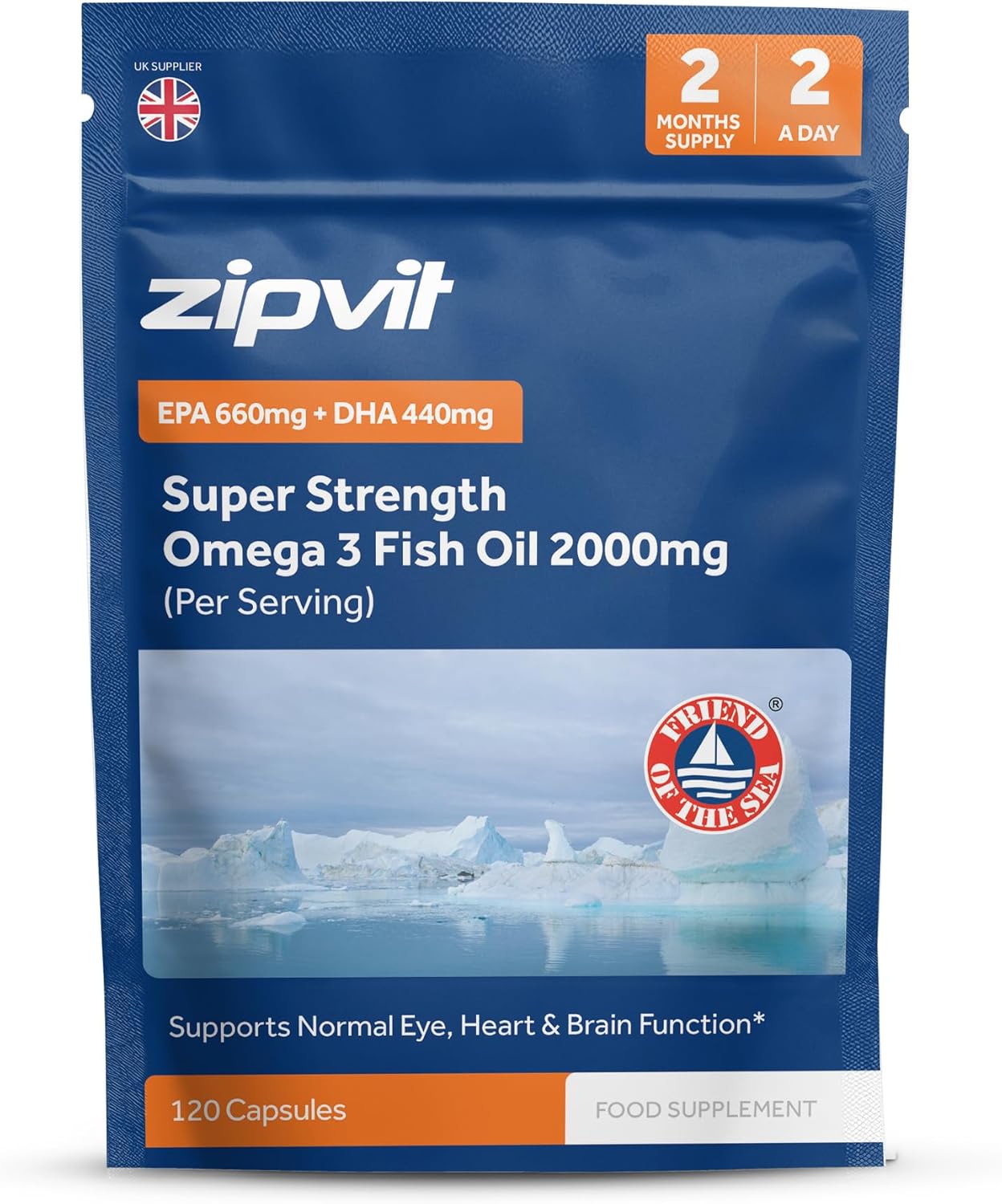 Zipvit Omega 3 Fish Oil 2000mg per Serving Including EPA 660mg DHA 440mg, 120 Softgel Capsules in Pouch, 2 Months Supply, High Strength, Supports Heart and Brain Function