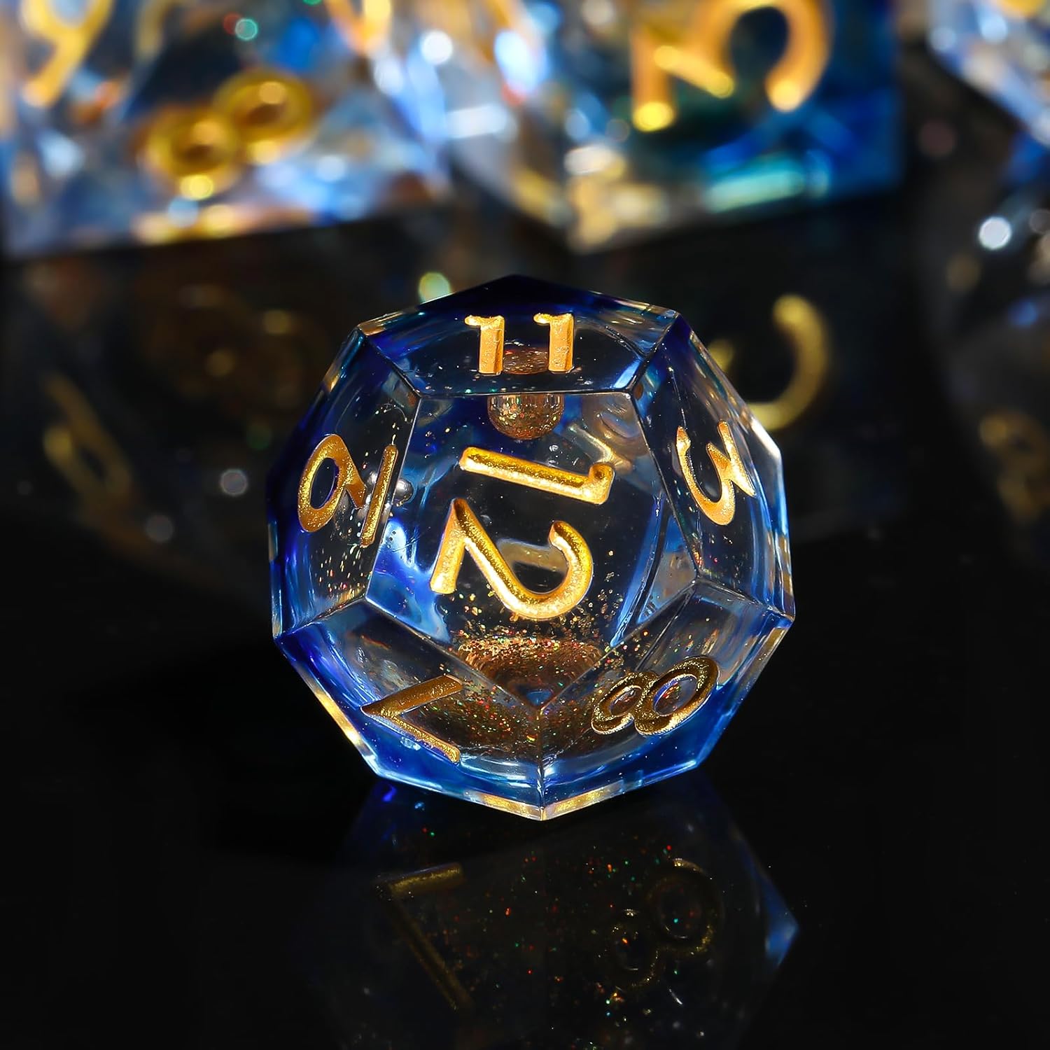 Liquid Core DND Dice Set, 7 Piece Handmade Polyhedral Dungeons and Dragons Resin Sharp Edge Dice With Gift Box, RPG MTG Role Playing Game Dark Blue Light