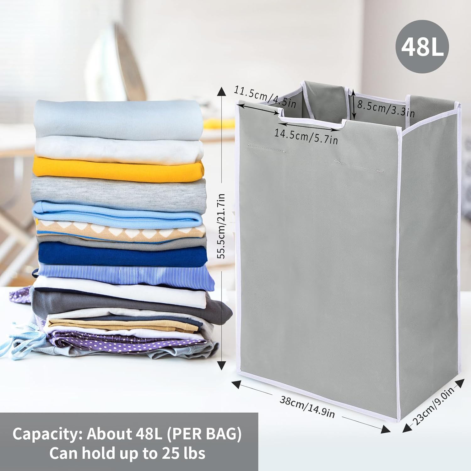 Jhua 3 Pack Large Laundry Sorter Replacement Bags, Gray, 600D Oxford Cloth, Waterproof Coated, 48L Capacity, 25 lbs Load, Square Shape, Open Top Closure