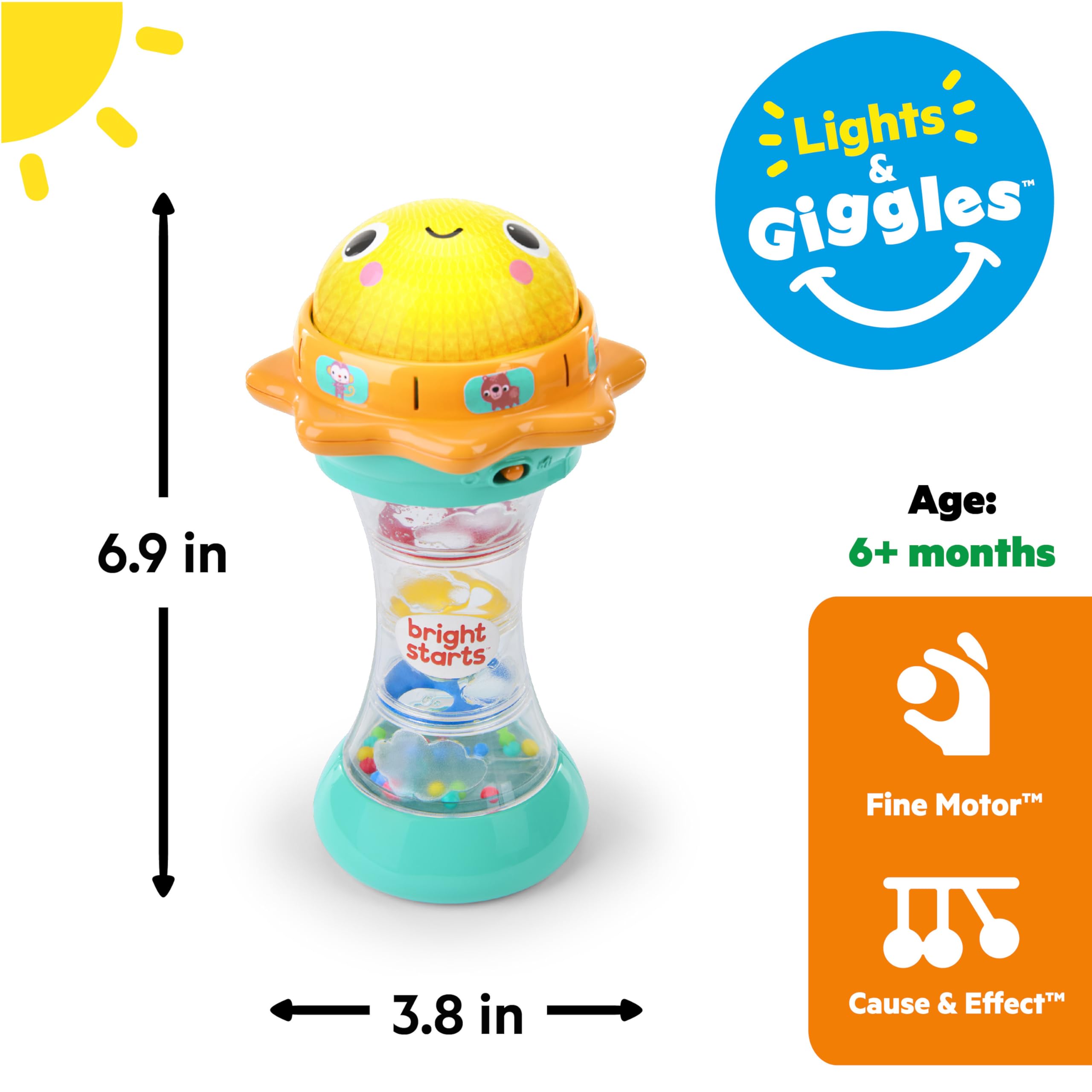 Bright Starts Just for Sun zabawkowa latarka z dźwiękami zwierząt, deszczownicą, koralikami i lustrem, zabawka uniseks dla dzieci od 6 miesięcy