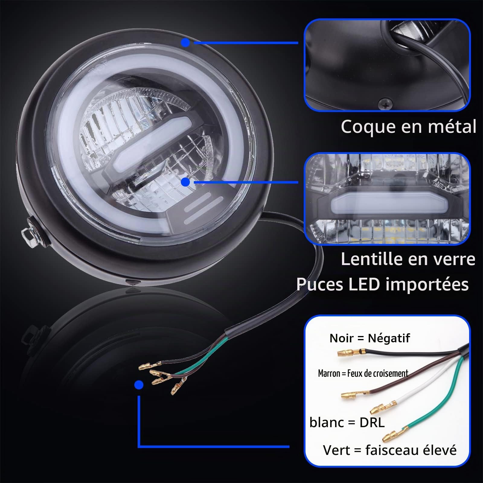 JMTBNO Phare de Moto LED de 6,5 Pouces avec Support de Phare de Moto, Feux de Conduite Halo DRL Lumière Blanche Universel 12V pour Bobber Chopper Cafe Racer Retro