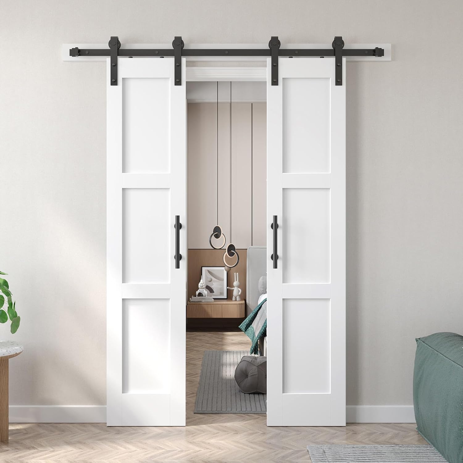 Fredbeck Double 18x84 inch White Barn Door with 6.6FT Barn Door Hardware Kit Included,with MDF and Wood,DIY Assembly,3-Panel,36inch barn Door,Fit 33in-35in Opening 18x84 double doors