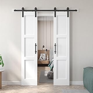 Fredbeck Double 18x84 inch White Barn Door with 6.6FT Barn Door Hardware Kit Included,with MDF and Wood,DIY Assembly,3-Panel,36inch barn Door,Fit 33in-35in Opening