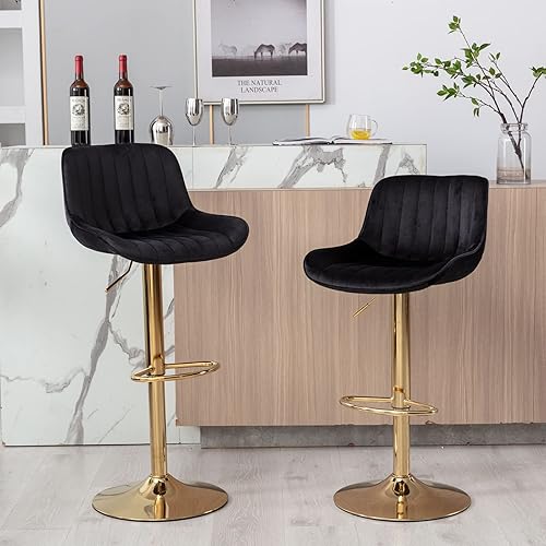 Miniatura 10 de Homtique Gold - Juego de 2 taburetes de bar giratorios ajustables en altura de mostrador, moderno taburete de bar de terciopelo con respaldo bajo y