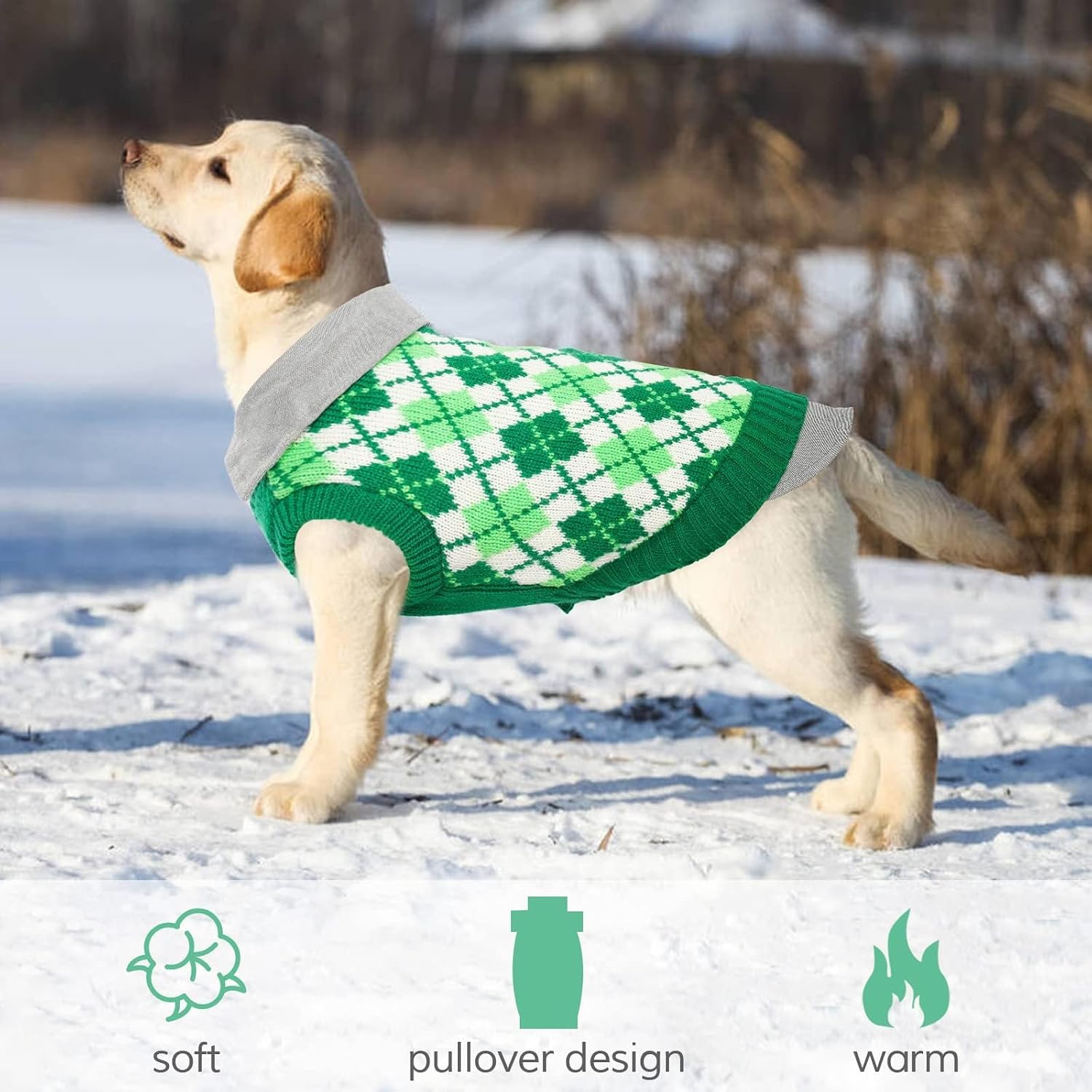 Kuoser Dog Sweater Plaid Dog Sweaters with Harness Hole, Polo Design Puppy Knitwear Fall Winter Sweater for Medium Large Dogs, Pet Cold Weather Clothes Warm Doggie Pullover Sweatshirt, Green L