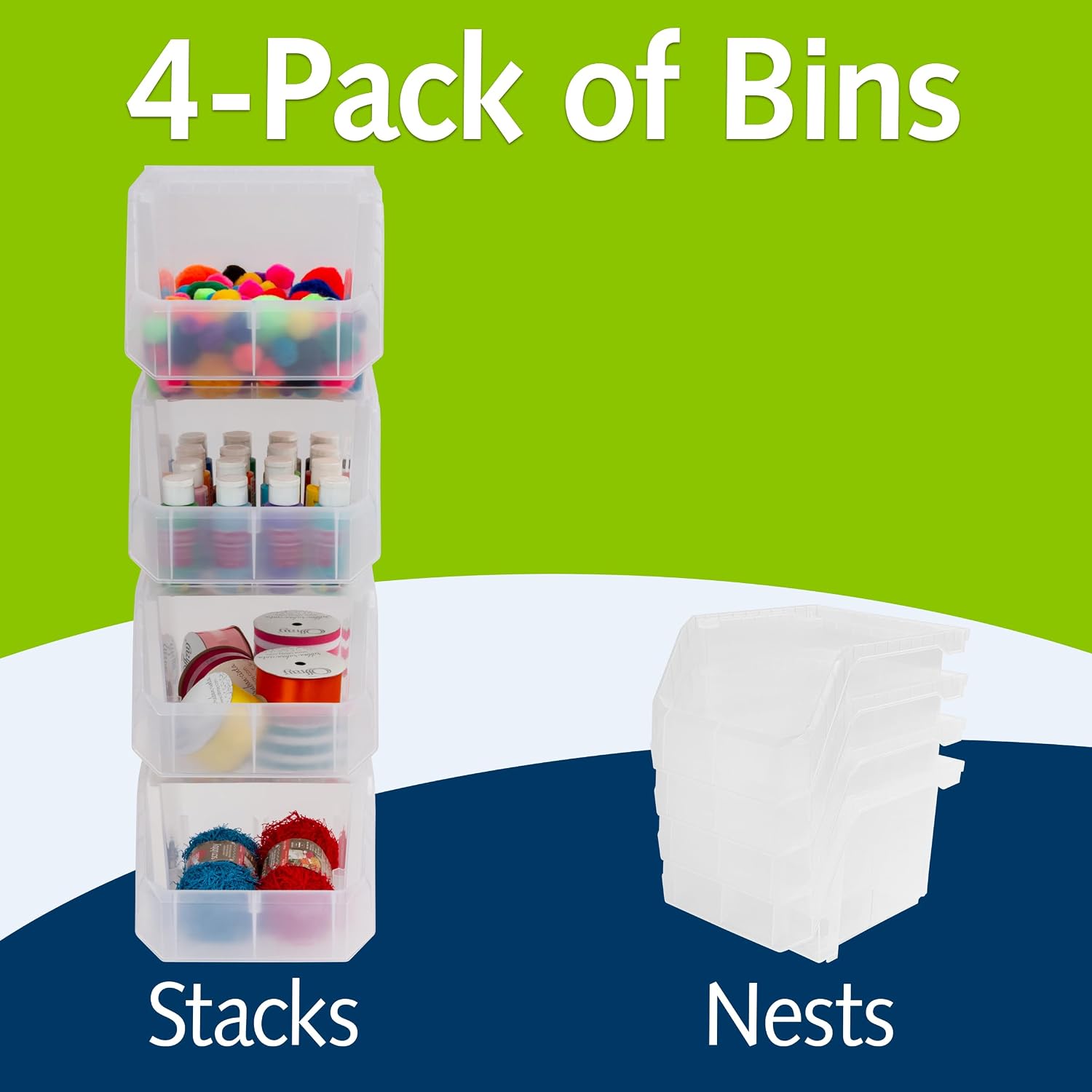 ReadySpace Medium-Tall Stackable Plastic Storage Bins, 4-Pack, Clear image 3
