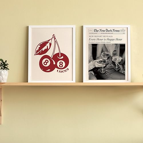 Miniatura 5 de JXREQ Juego de 4 pósteres retro de moda Y2K de la suerte roja de la suerte de 8 bolas de cereza con dados de Happy Hour, decoración de carrito de