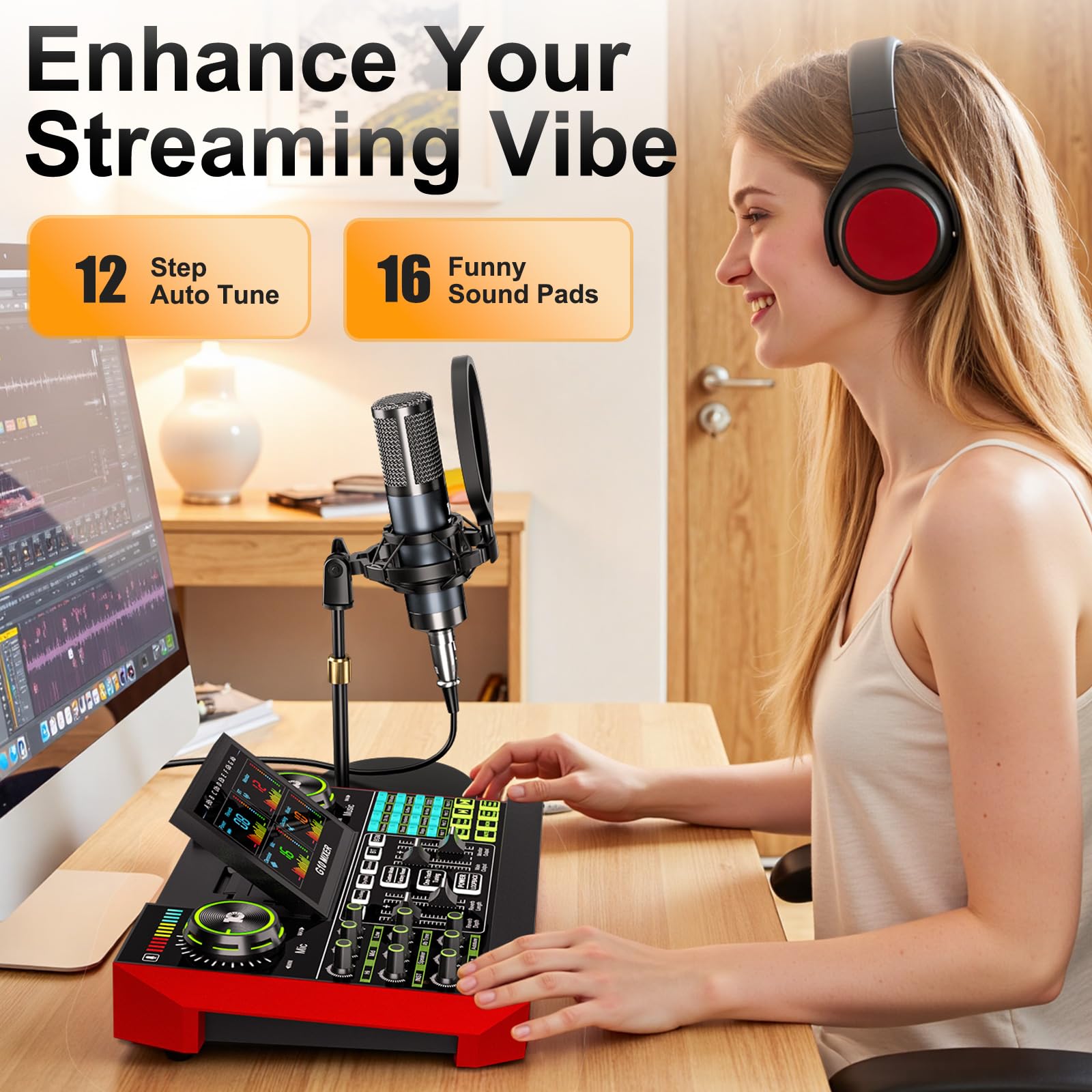 Podcast Equipment Bundle with Live Sound Card Audio Mixer, 3.5mm Condenser Microphone for PC/Phone Streaming and Singing, Podcast Microphone Bundle with Voice Changer sound board