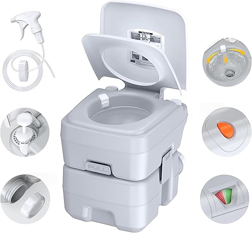 Porta Potty - Inodoro portátil para campamento, inodoros KAIZONPOT RV de 5.3 galones para interiores y exteriores con bomba de asa, indicador de