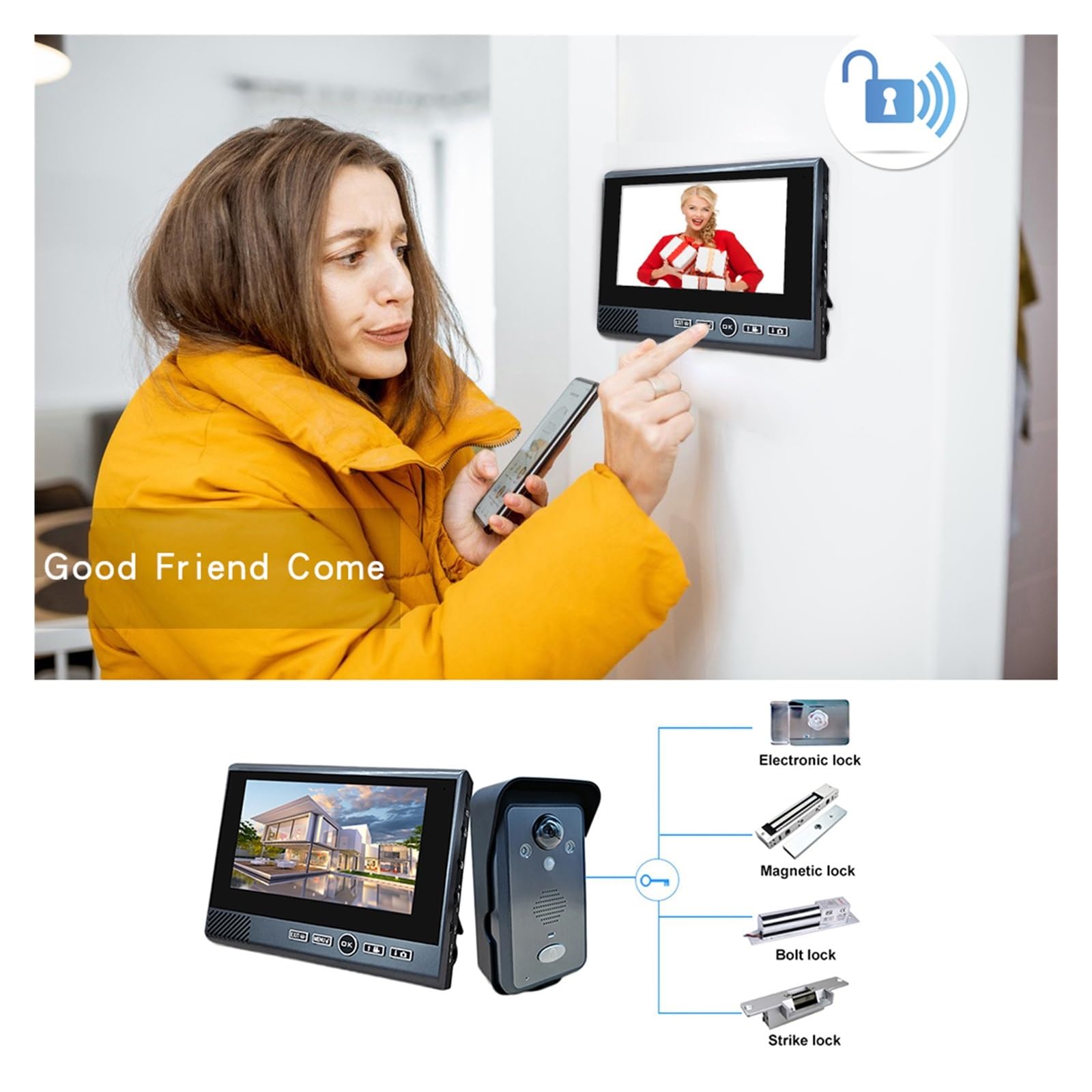 Videocitofono wireless da 7 pollici a 2,4 GHz Rilevazione del movimento senza colpi di sicurezza del campanello visivo a lungo standby for la casa(818-1-1)