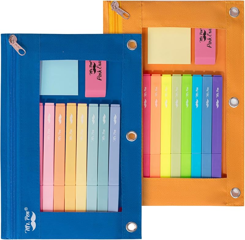 Mr. Pen- Estuche para lápices para carpeta de 3 anillas, paquete de 2, 10 x 6,75 pulgadas, cremallera suave | Ventana transparente, estuche de gran capacidad con 3 ojales reforzados para escuela, oficina, almacenamiento de suministros