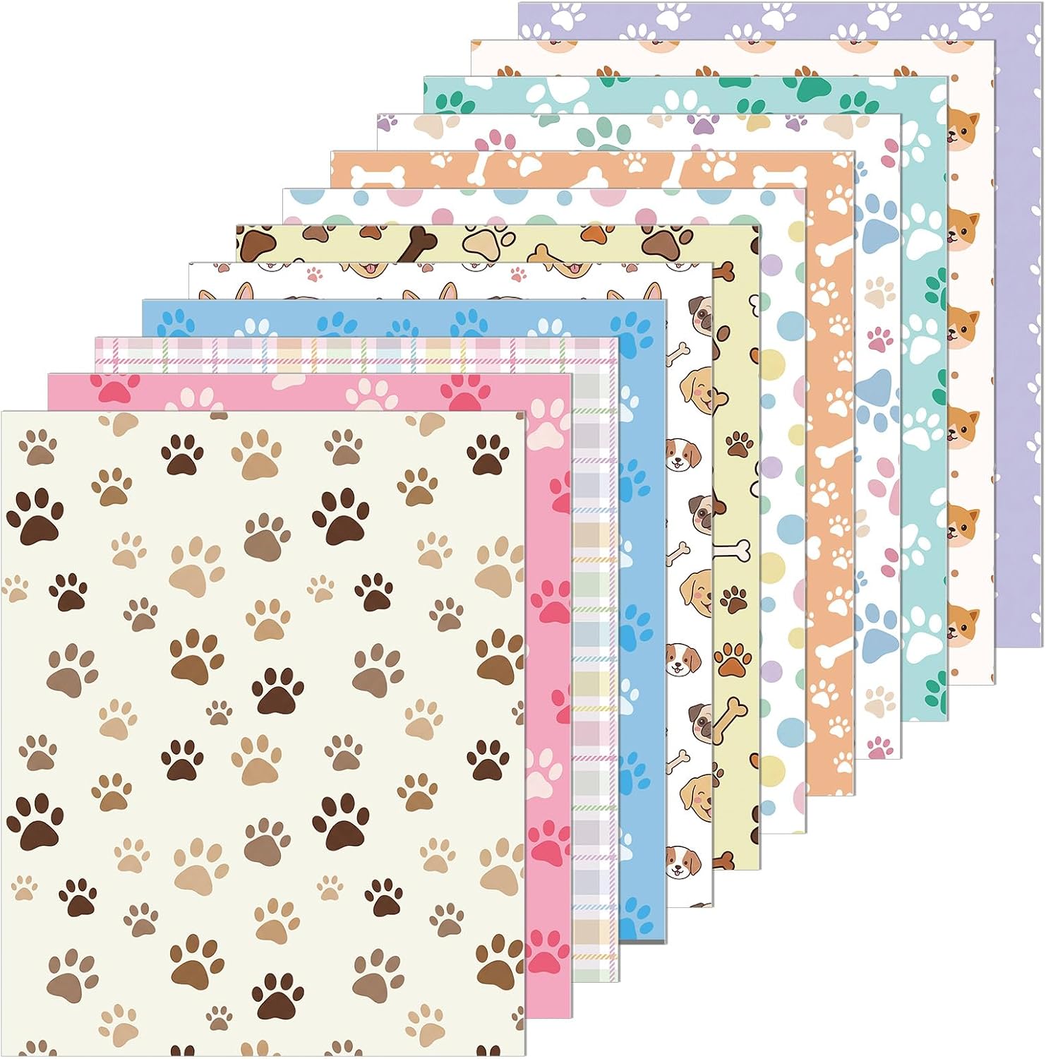 Tegeme 12 Pcs Dog Paw Prints Fabric Bundles, 18 x 22 Inch Cute Cartoon Puppy Dog Theme Fat Quarters, Pastel Color Quilting Sewing Fabric for DIY Handmade Craft Home Decoration Pet Grooming Accessories